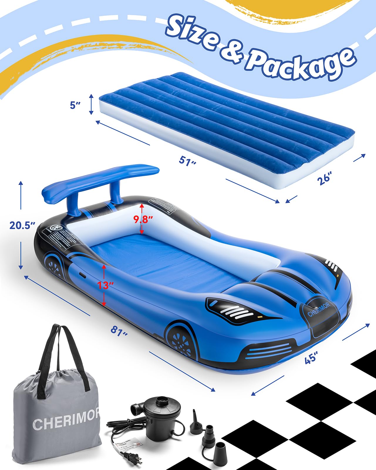 Inflatable Toddler Travel Bed with Safety Bumpers - Portable Racecar Air Mattress for Kids with Electric Pump | Perfect for Travel, Camping, Sleepovers & Vacation Gifts | Durable & Comfortable for Indoor & Outdoor Use