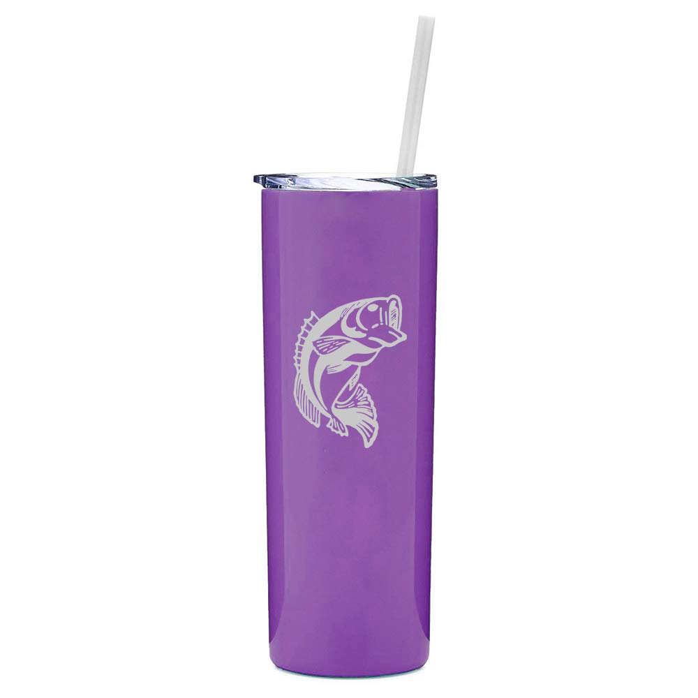 20 oz Skinny Tall Tumbler - Stainless Steel Vacuum Insulated Travel Mug with Straw & Bass Fish Design (Purple) - Perfect for Coffee, Tea, Cold Drinks On-The-Go, Office, Gym, Camping & Outdoor Activities
