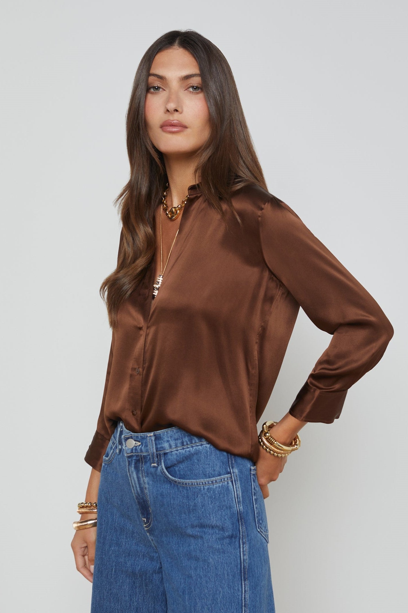 L'Agence Dani Silk Blouse for Women - Elegant Long Sleeve Button Down Shirt for Work, Office & Special Occasions