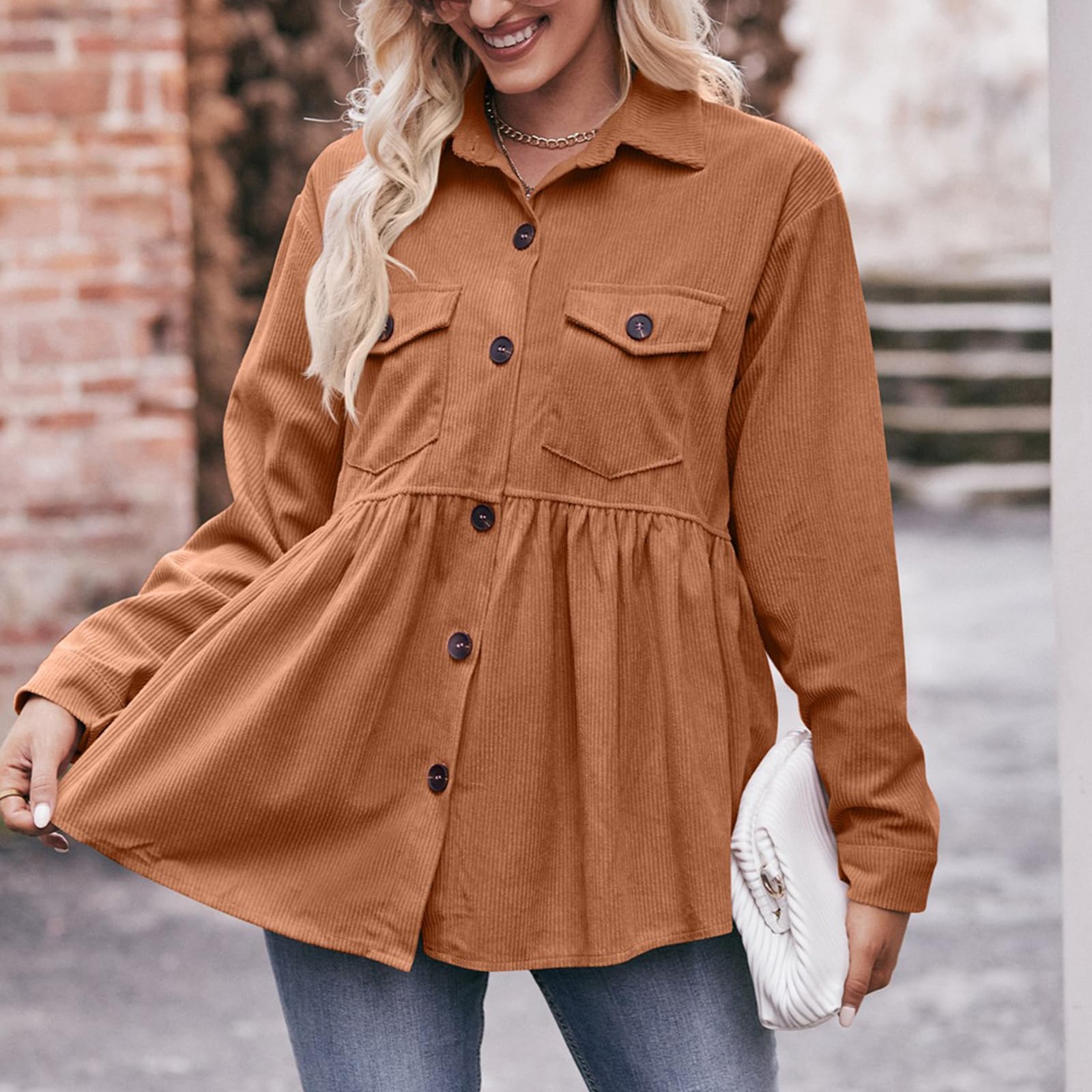 TICIFEN Women's Corduroy Shirt - Long Sleeve Button Down Blouse, Cute Peplum Babydoll Tunic Dress Shirt & Loose Jacket Shacket for Casual Outfits, Workwear & Fall Fashion