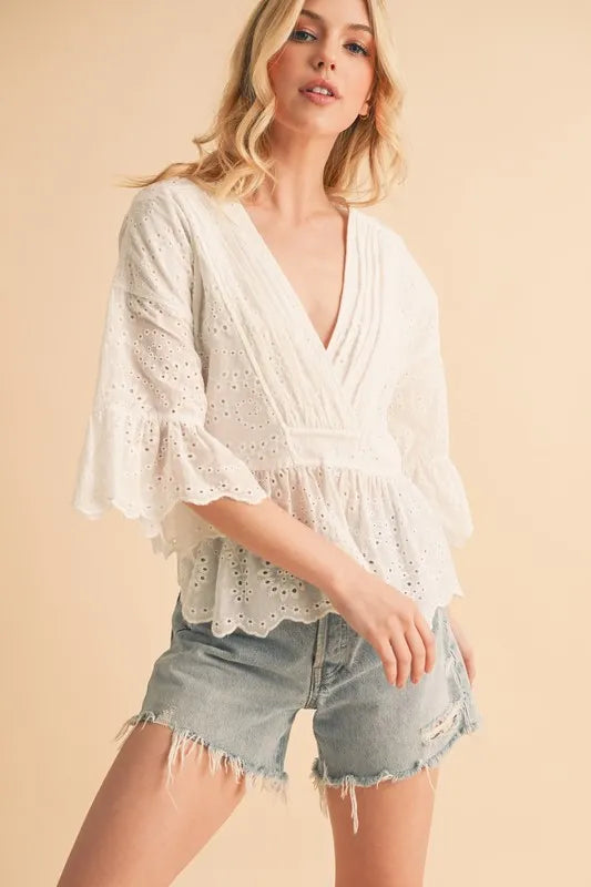 Flounce Sleeve Eyelet Peplum Top for Women - Elegant Summer Blouse with Ruffled Hem & Lace Details | Perfect for Casual Outings, Date Nights & Office Wear