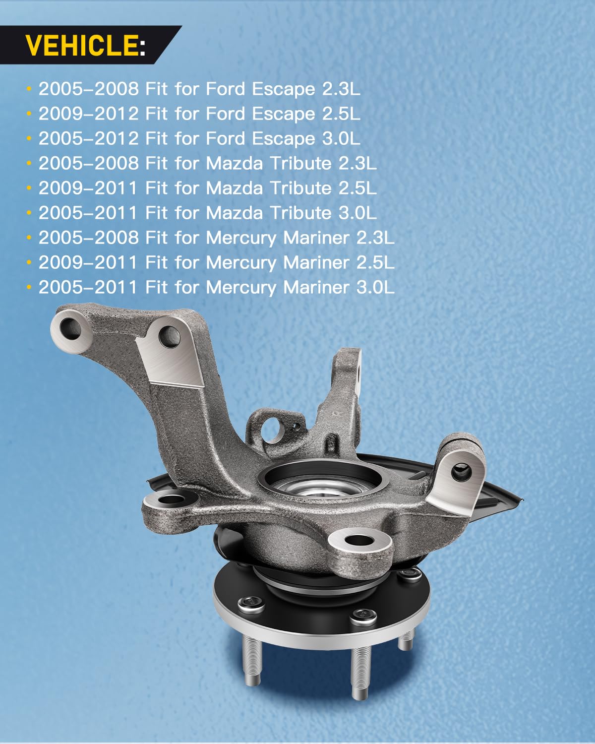 OCPTY Front Passenger Side Wheel Hub Bearing & Steering Knuckle Assembly - Compatible with 2005-2012 Ford Escape, Mazda Tribute, Mercury Mariner 2.3L 2.5L 3.0L (Part# 698-404) - Smooth Ride & Precise Steering for Daily Commute & Highway Driving