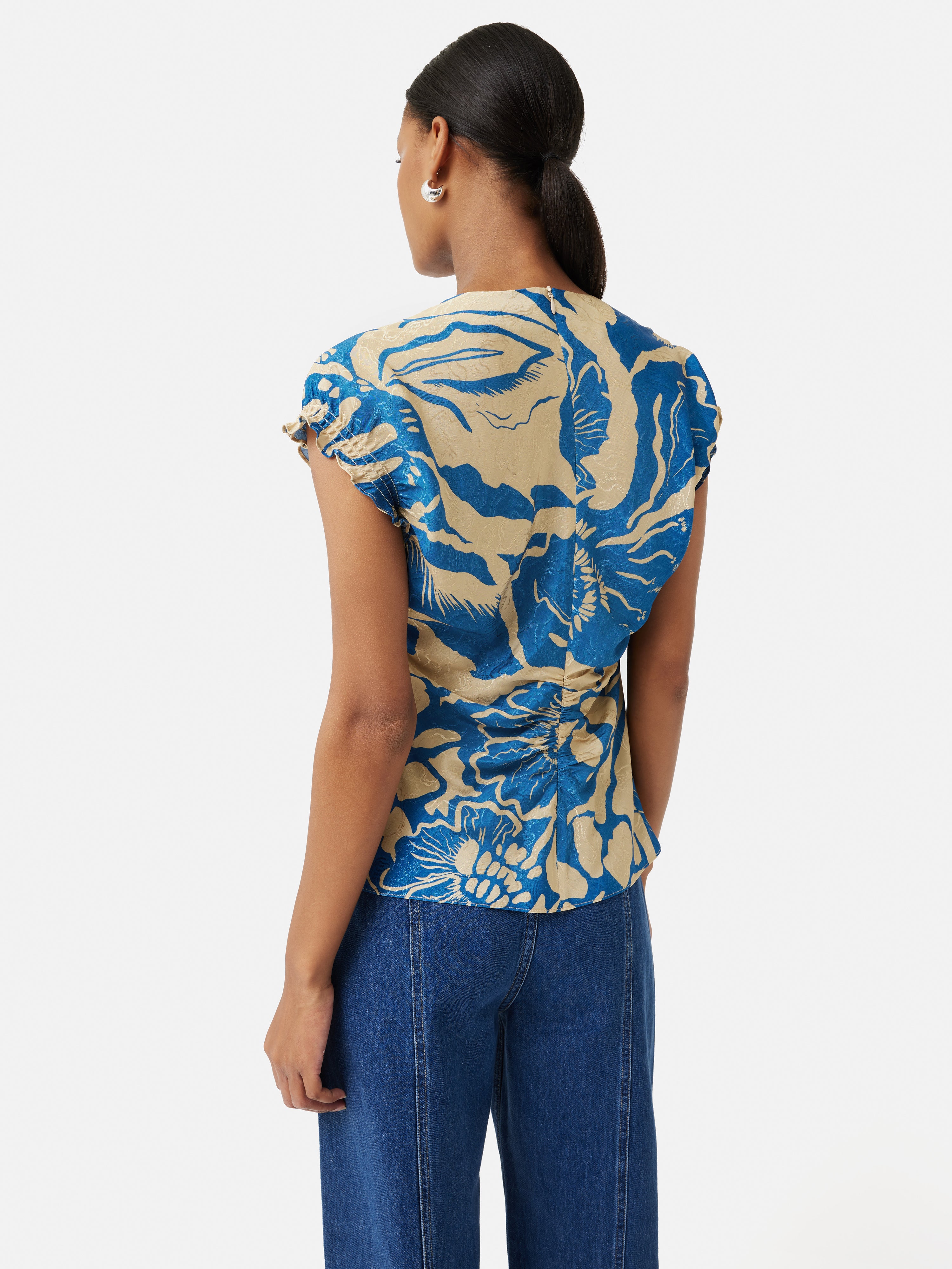 Floral Jacquard Top for Women - Dark Blue Elegant Blouse for Casual Wear, Office & Date Night Outfits