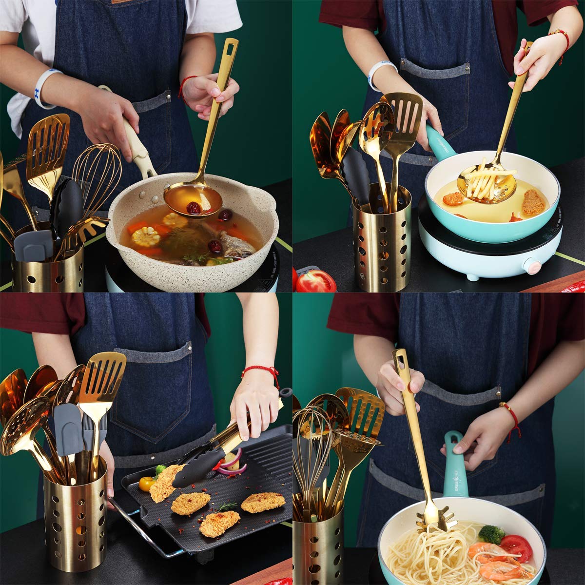 Premium 13-Piece Gold Plated Stainless Steel Kitchen Utensil Set by Berglander - Nonstick Cooking Tools with Holder, Dishwasher Safe & Easy to Clean - Perfect for Baking, Frying, and Everyday Cooking