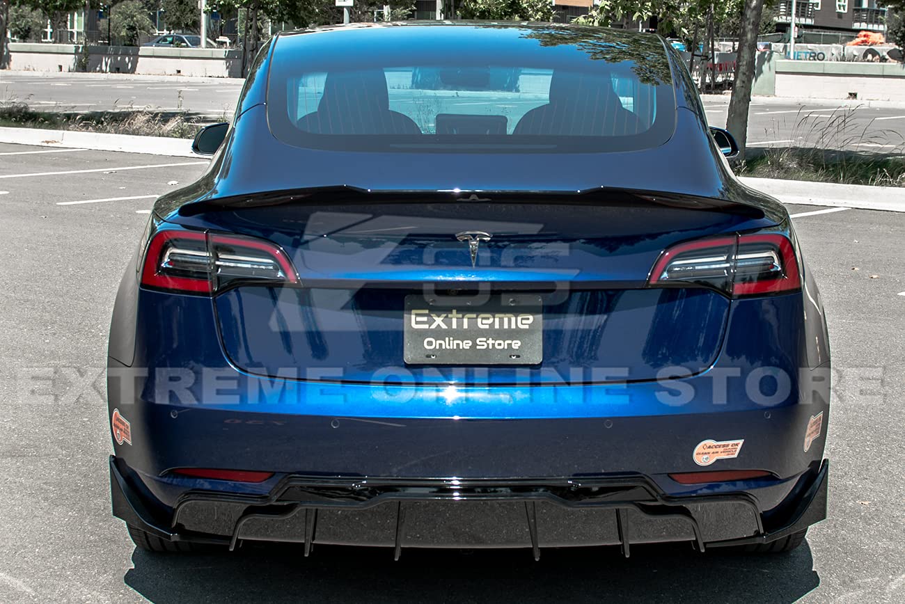 Tesla Model 3 Rear Bumper Diffuser (2017-2023) - Performance Track Style ABS Plastic Glossy Black with Side Splitter Apron Pair | Perfect for Car Upgrades & Street Racing Style Enhancement