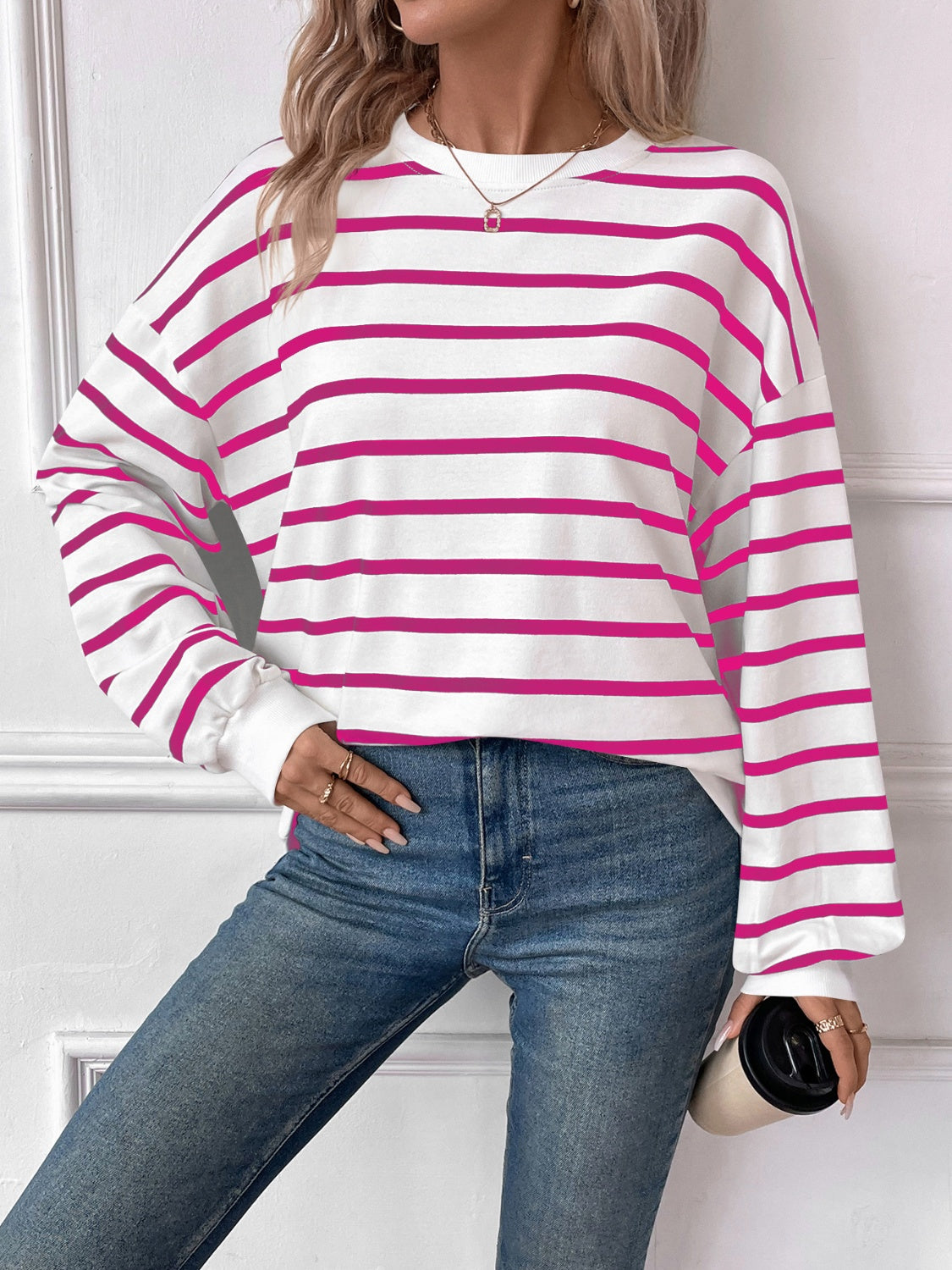 Lovelet Striped Round Neck Long Sleeve Sweatshirt for Women - Cozy Casual Pullover Top for Fall & Winter - Perfect for Lounge, Workout, and Everyday Wear