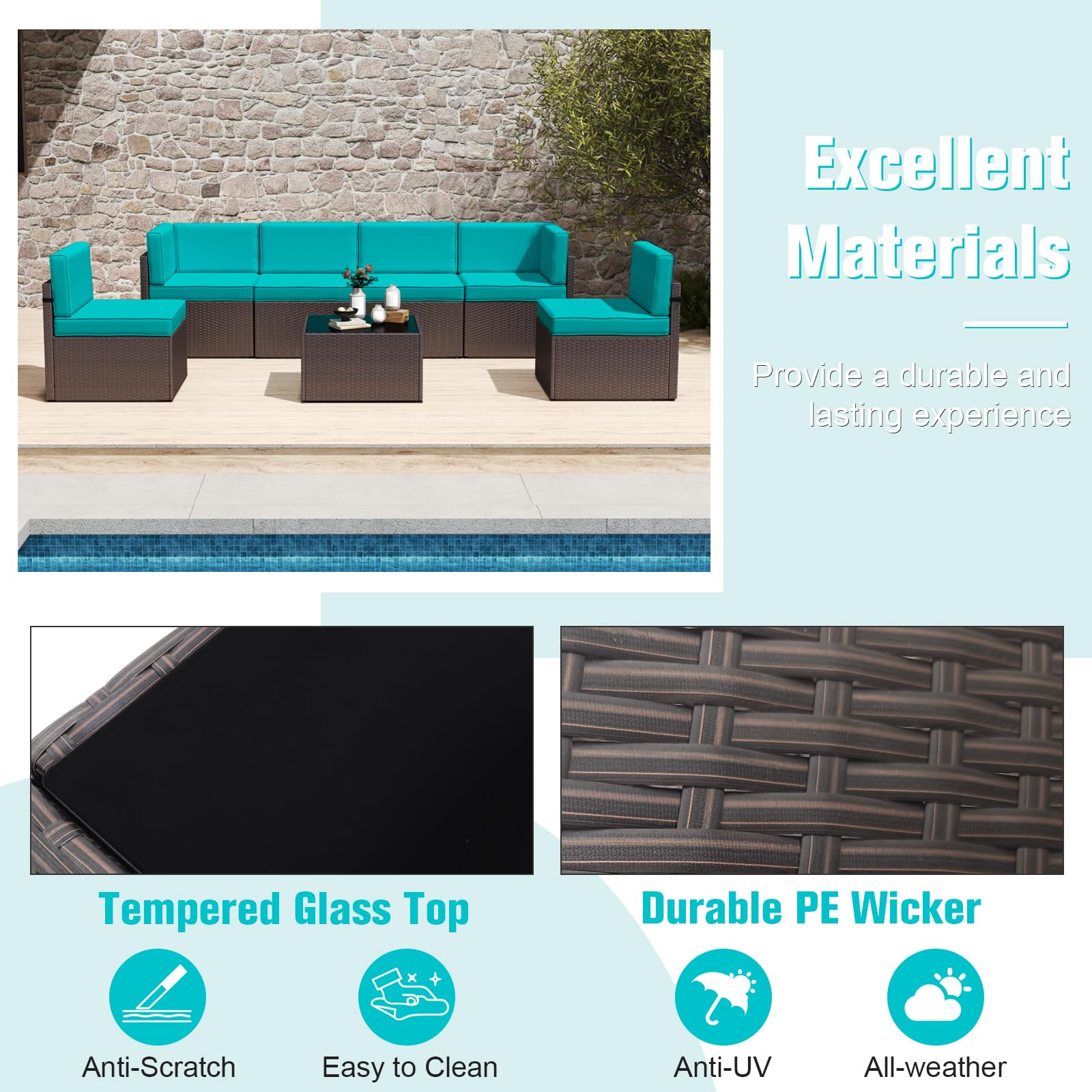JSUN7 7-Piece Outdoor Patio Furniture Set - PE Rattan Sectional Sofa with Coffee Table & Cushions, Turquoise Wicker Garden Sofa Set for Backyard, Poolside & Balcony Relaxation