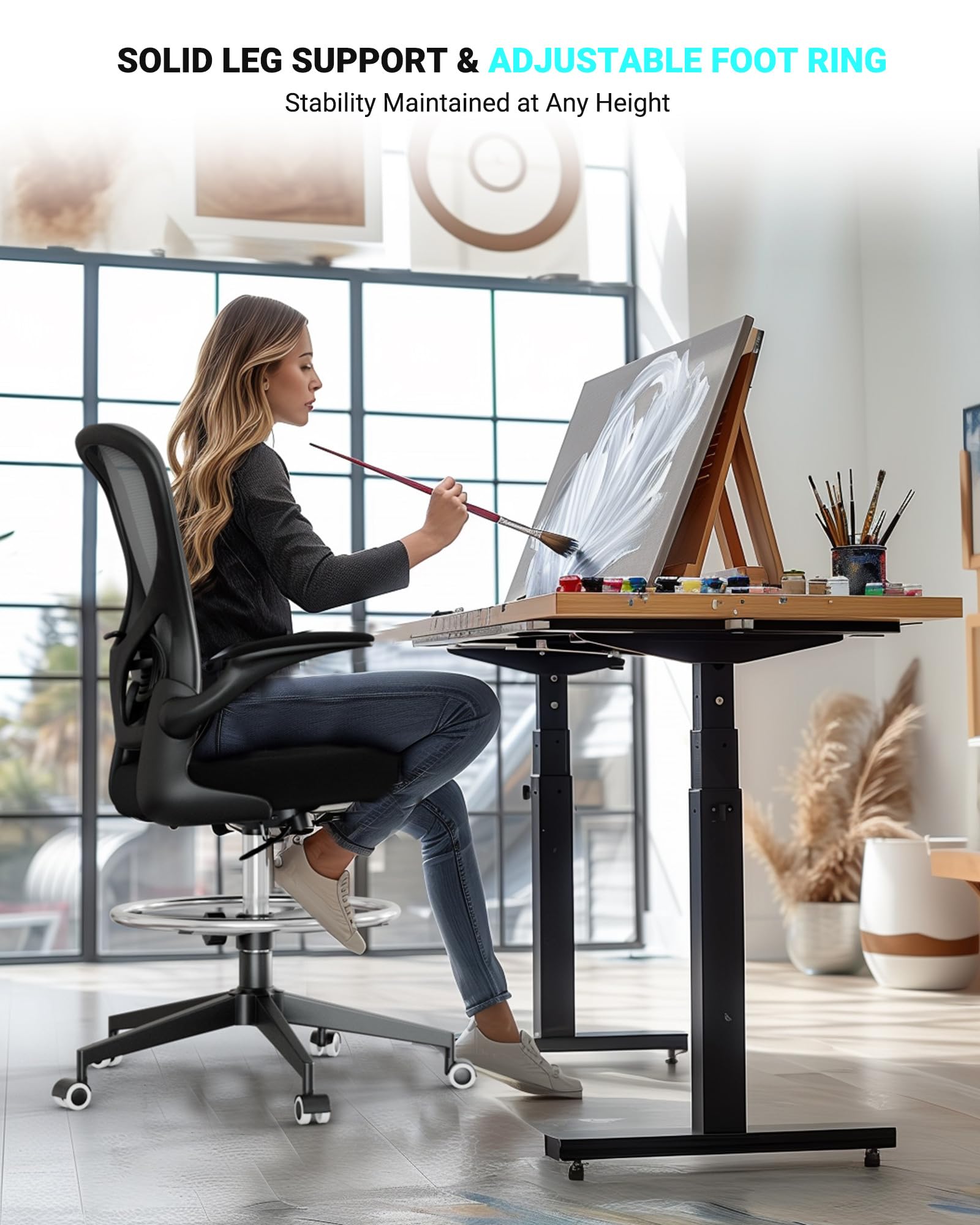 Ergonomic Drafting Chair - Adjustable Height Office Chair for Standing Desk with Breathable Mesh Back, Supports Up to 400 lbs - Perfect for Artists, Architects & Counter-Height Workstations (Black)