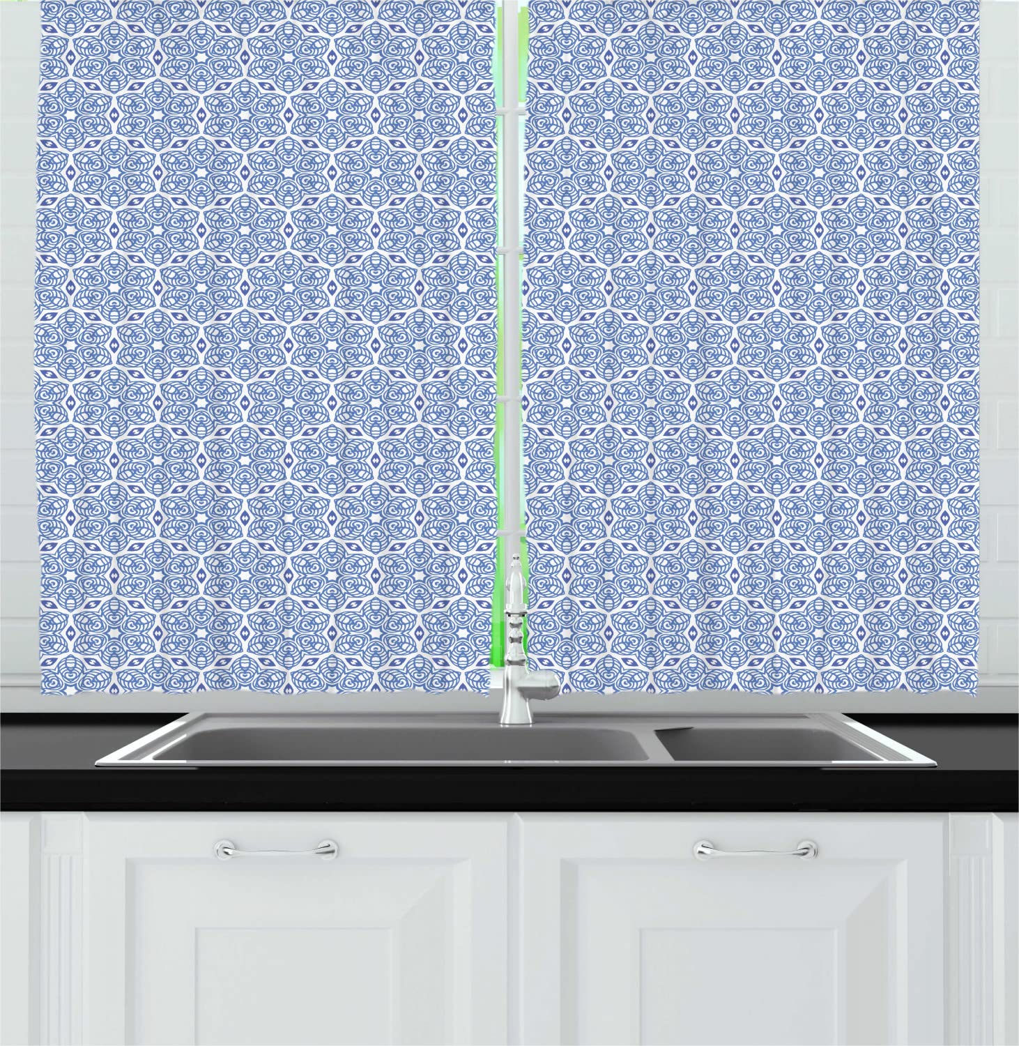 Ambesonne Ethnic Long Kitchen Curtains - Traditional Mediterranean Style Floral Pattern with Folk Leaves & Retro Scrolls - 2 Panel Rod Pocket Drapes for Home Decor - 55
