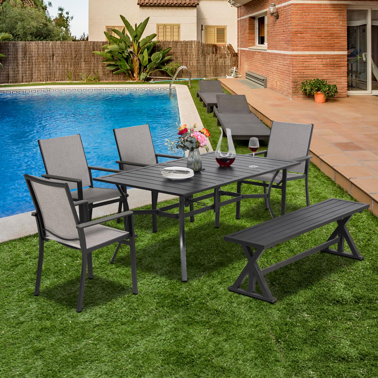 MEOOEM Black Outdoor Patio Bench - Heavy Duty Industrial Garden Bench for Park, Lawn, Lounge & Picnic - Weather Resistant Steel Furniture (61.2
