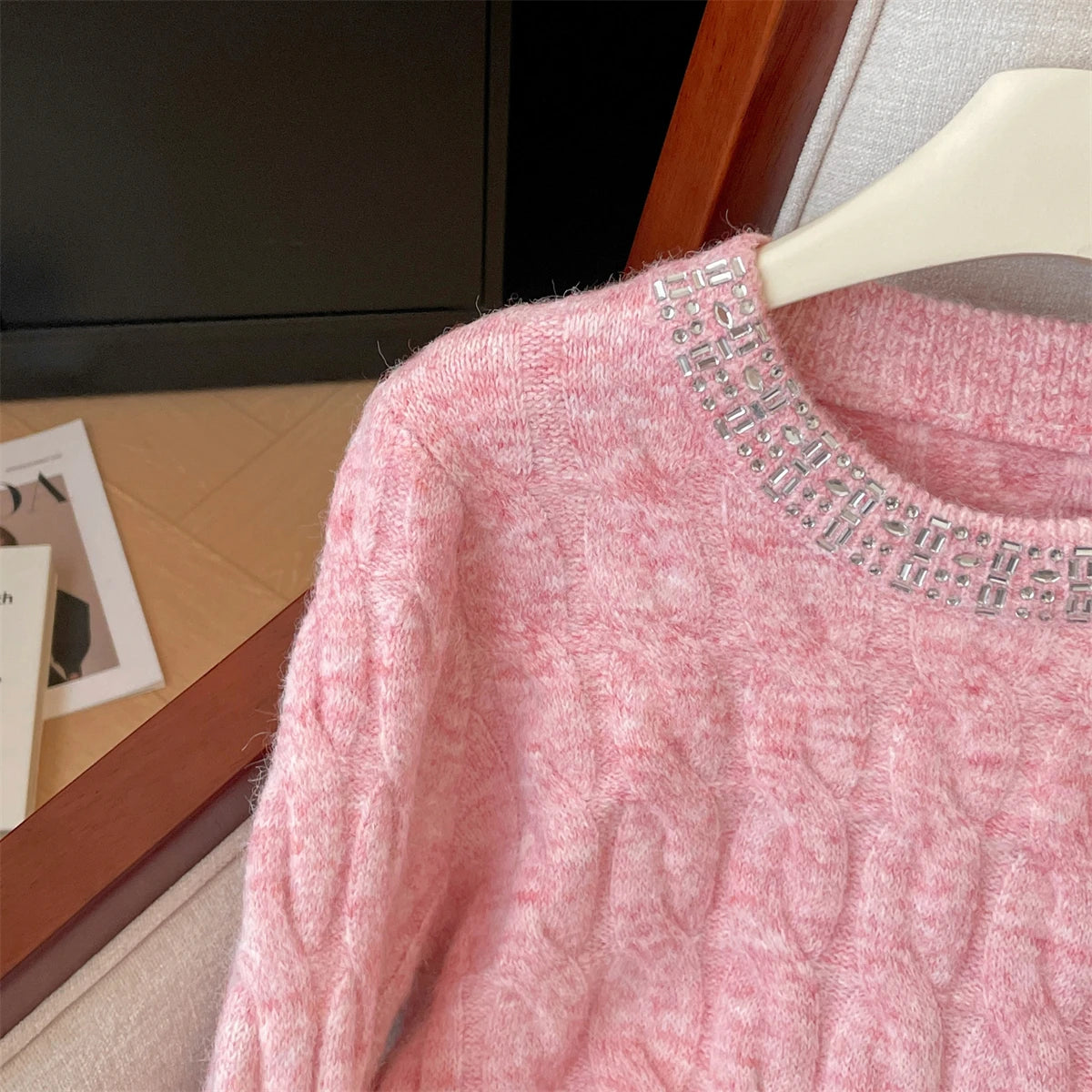 Women's Beige & Pink Diamond Knit Sweater - Round Neck Long Sleeve Pullover Top for Fall Winter | Casual Chic Fashion Knitwear for Office, Dating & Holiday Outfits
