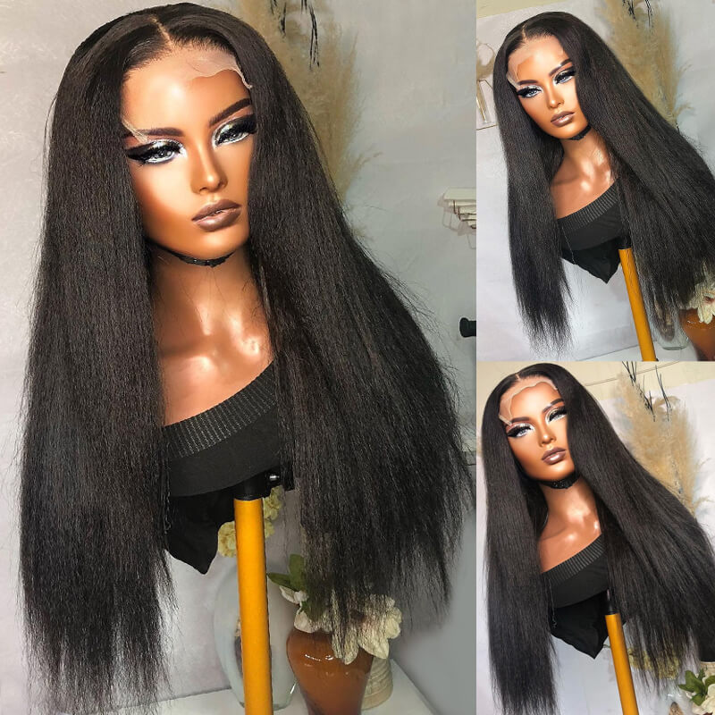 Kinky Straight Human Hair Wigs with Pre-Plucked Lace Frontal - Natural Looking & Breathable for Daily Wear, Parties & Cosplay