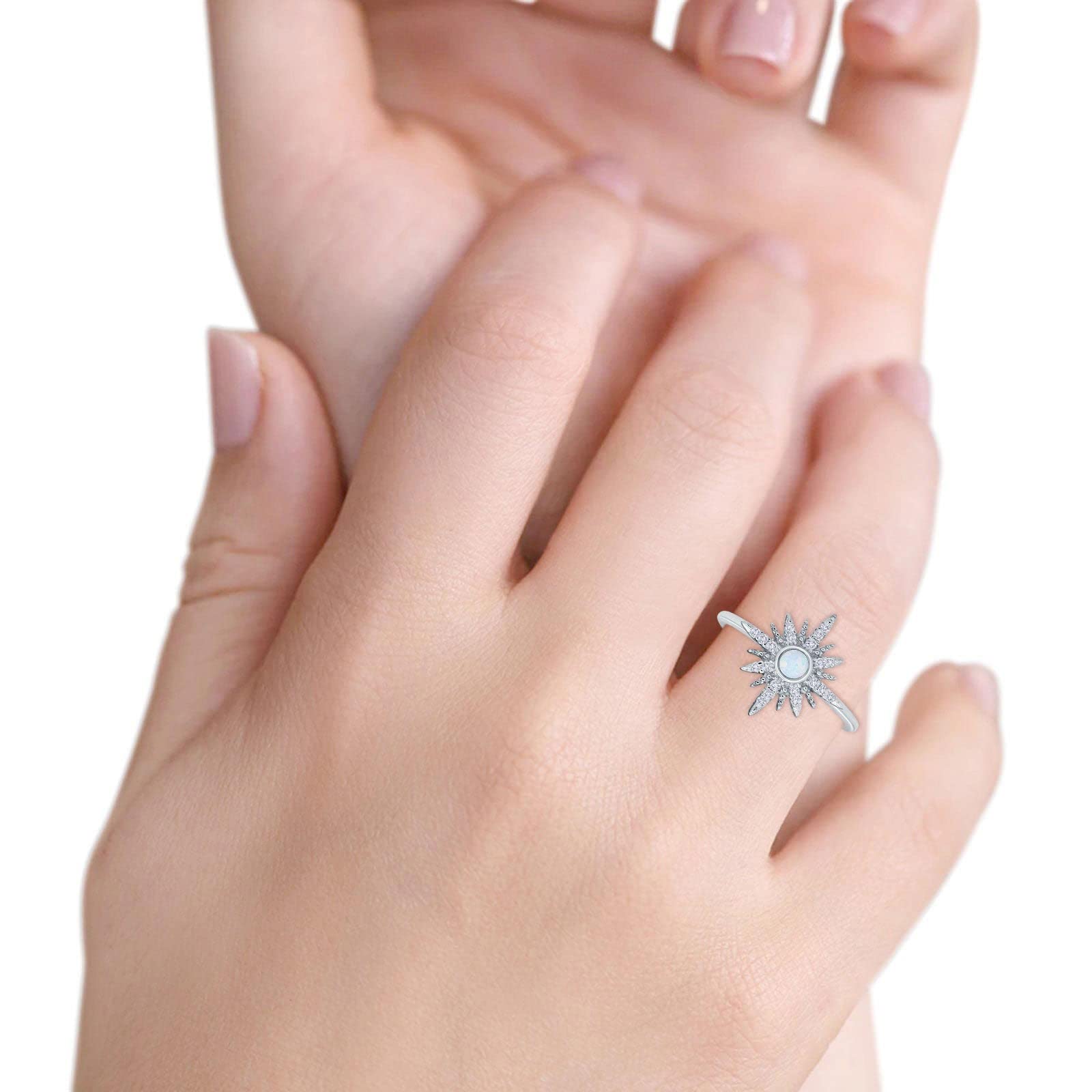 Blue Apple Co. Cluster Fashion Starburst Opal Ring - Round Simulated Cubic Zirconia 925 Sterling Silver Jewelry for Women - Perfect for Parties, Weddings & Everyday Wear