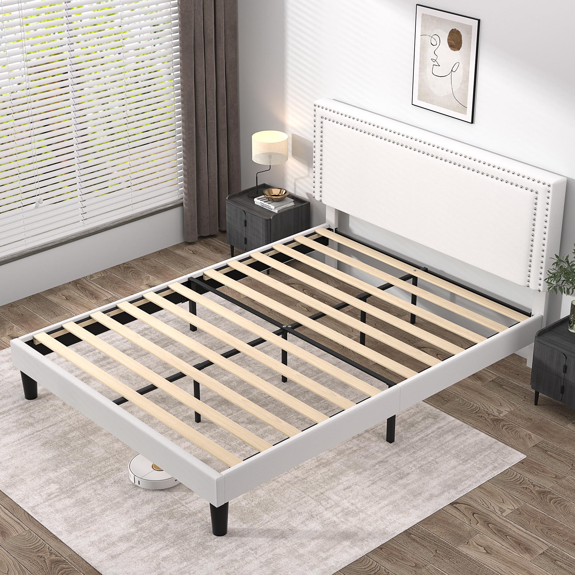 VECELO Full Size Platform Bed Frame with Adjustable Upholstered Headboard - Modern Wood Slat Support, No Box Spring Needed - Easy Assembly Bedroom Furniture for Small Spaces & Guest Rooms
