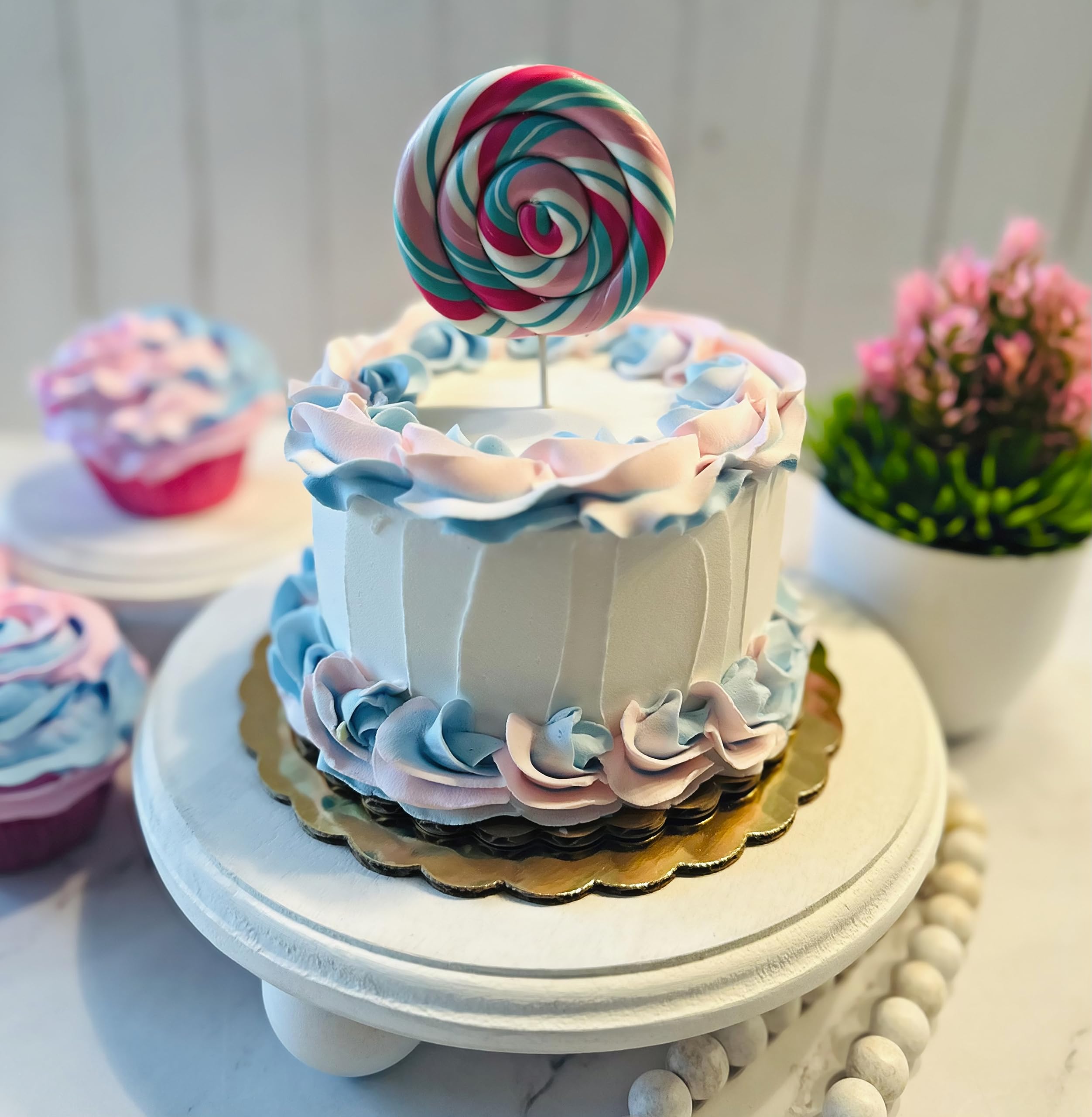 Dezicakes Handmade Fake Cake - Realistic White, Pink & Blue Lollipop Artificial Cake for Party Decorations, Wedding Centerpieces & Photo Props