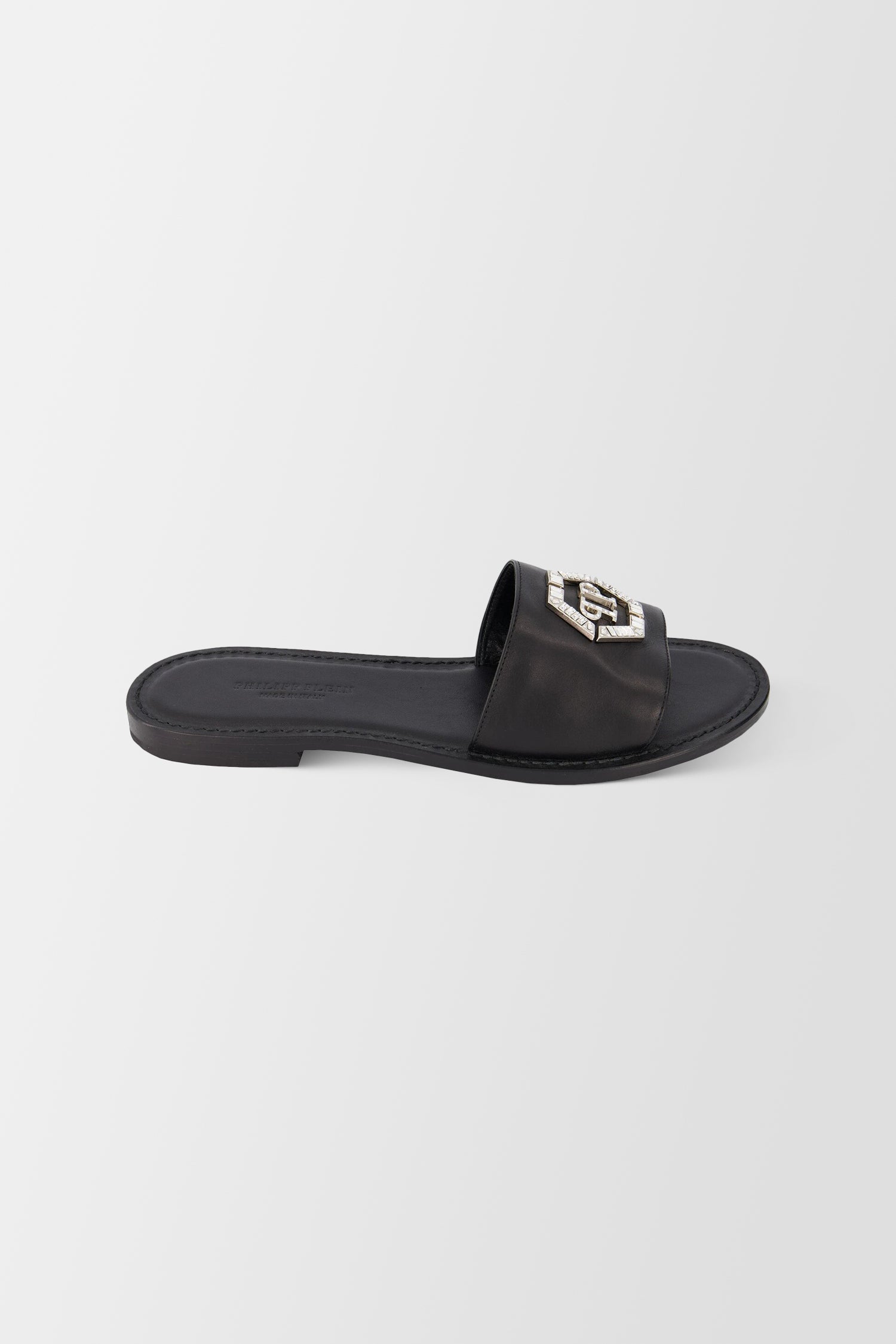 Philipp Plein Black Leather Hexagon Logo Flat Slides - Stylish & Comfortable Men's Summer Sandals for Casual Wear & Beach Outings