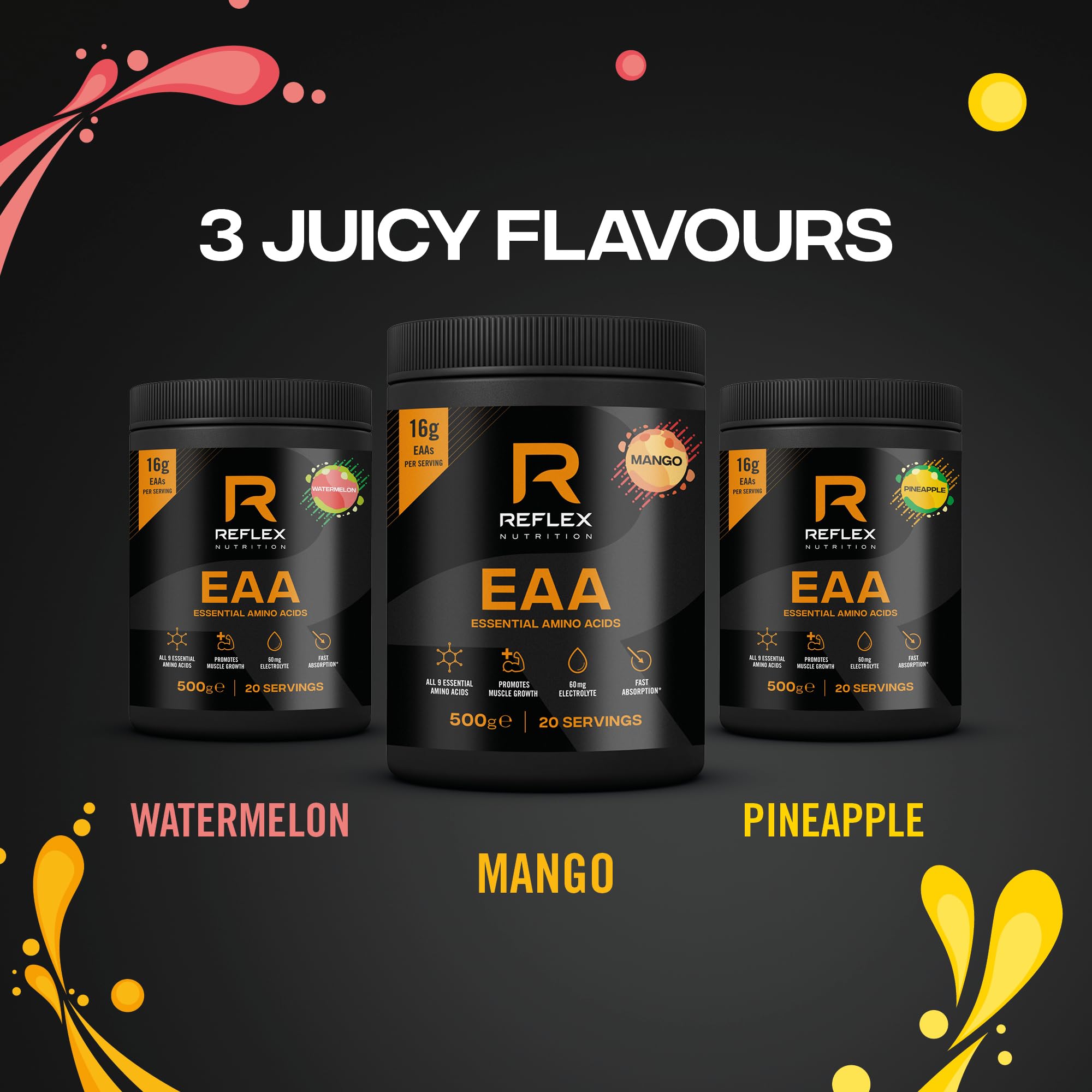 Reflex Nutrition EAA - Complete Essential Amino Acids Powder with BCAAs, Vitamin B6 & Electrolytes - 16g EAAs per Serving for Muscle Growth, Recovery & Endurance - Mango Flavor (500g, 20 Servings) - Perfect for Post-Workout, Gym Training & Athletic Performance