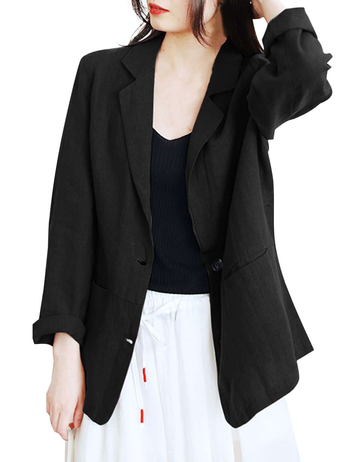 ZANZEA Women's Casual Blazer Jacket - Cotton Linen Blend Lapel Long Sleeve Patchwork Suit Coat with Pockets | Office Wear, Business Attire & Spring Outerwear