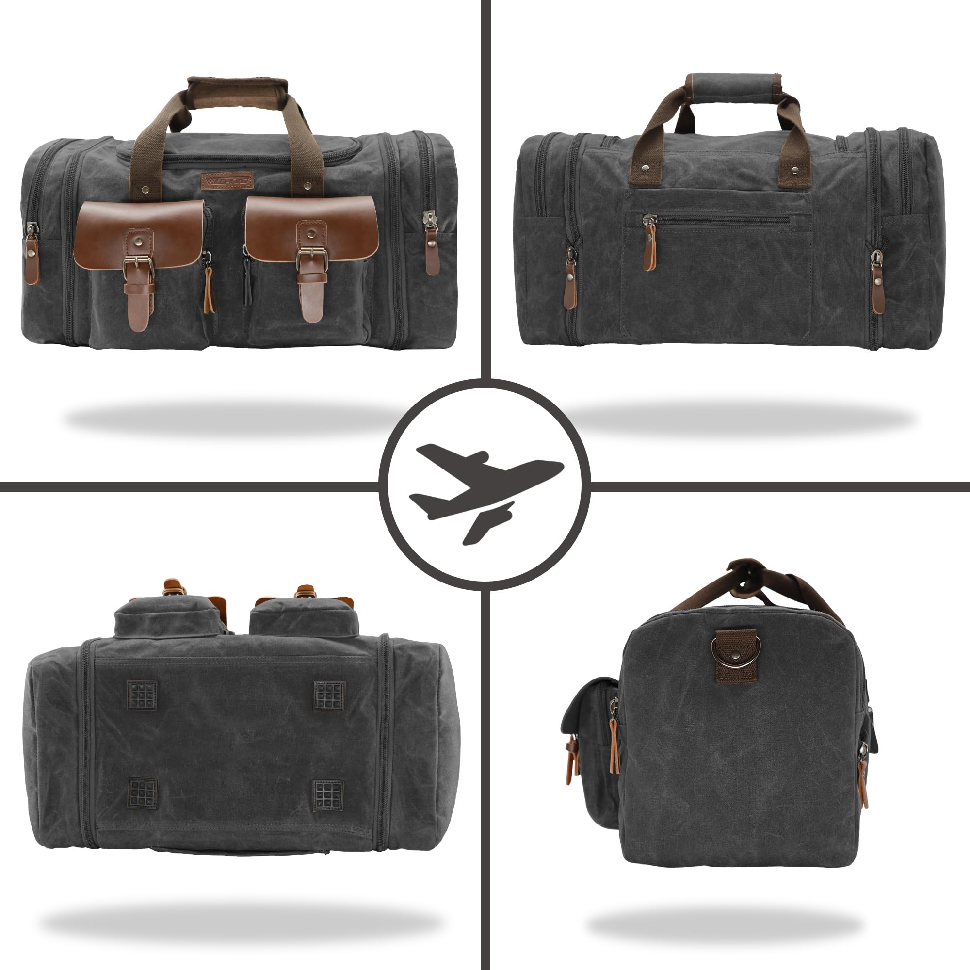 Wildroad 60L Expandable Waxed Canvas Duffle Bag - Genuine Leather Weekender Overnight Carry On Travel Bag (Vintage Black, X-Large) - Perfect for Business Trips, Gym, Camping & Weekend Getaways