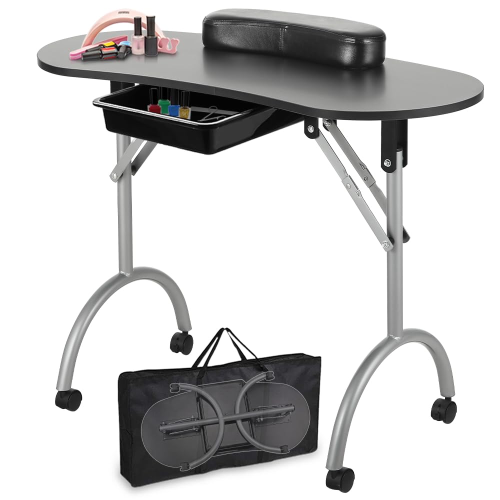 LEIBOU Professional 36 Inch Portable Foldable Manicure Table - Nail Technician Desk with Wheels, Drawer & Carrying Bag - Perfect for Salon, Spa & Home Use (Black)