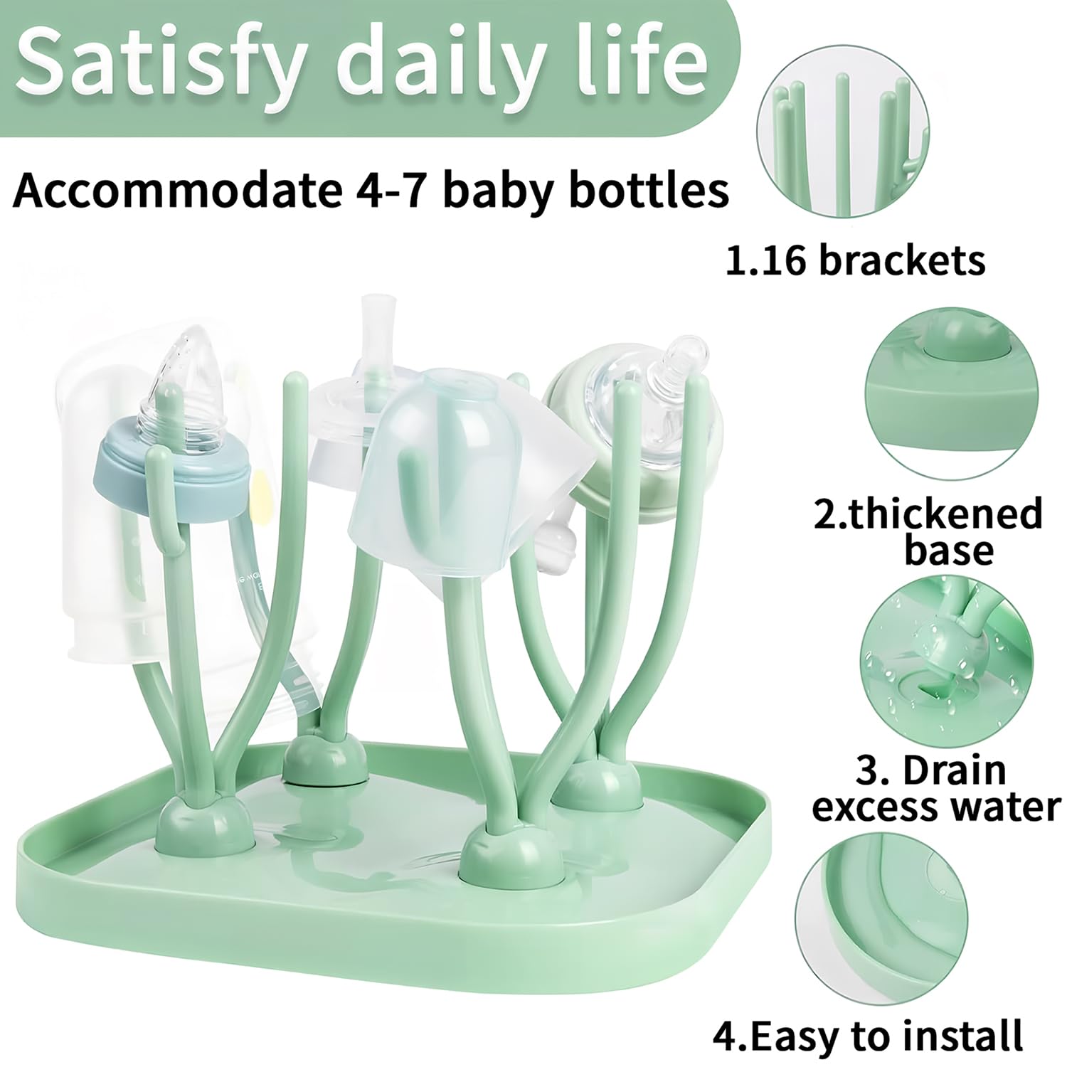 Baby Bottle Drying Rack - Countertop Organizer for Bottles, Nipples, Cups & Baby Accessories | Space-Saving Green Drying Stand | Perfect for Nursery, Kitchen & Travel