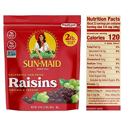 Sun-Maid California Sun-Dried Raisins - 2 Pack (32 oz Total) Resealable Bags - All Natural Dried Fruit Snacks for Kids & Adults - Perfect for Lunch Boxes, Baking, Trail Mix & Healthy Snacking