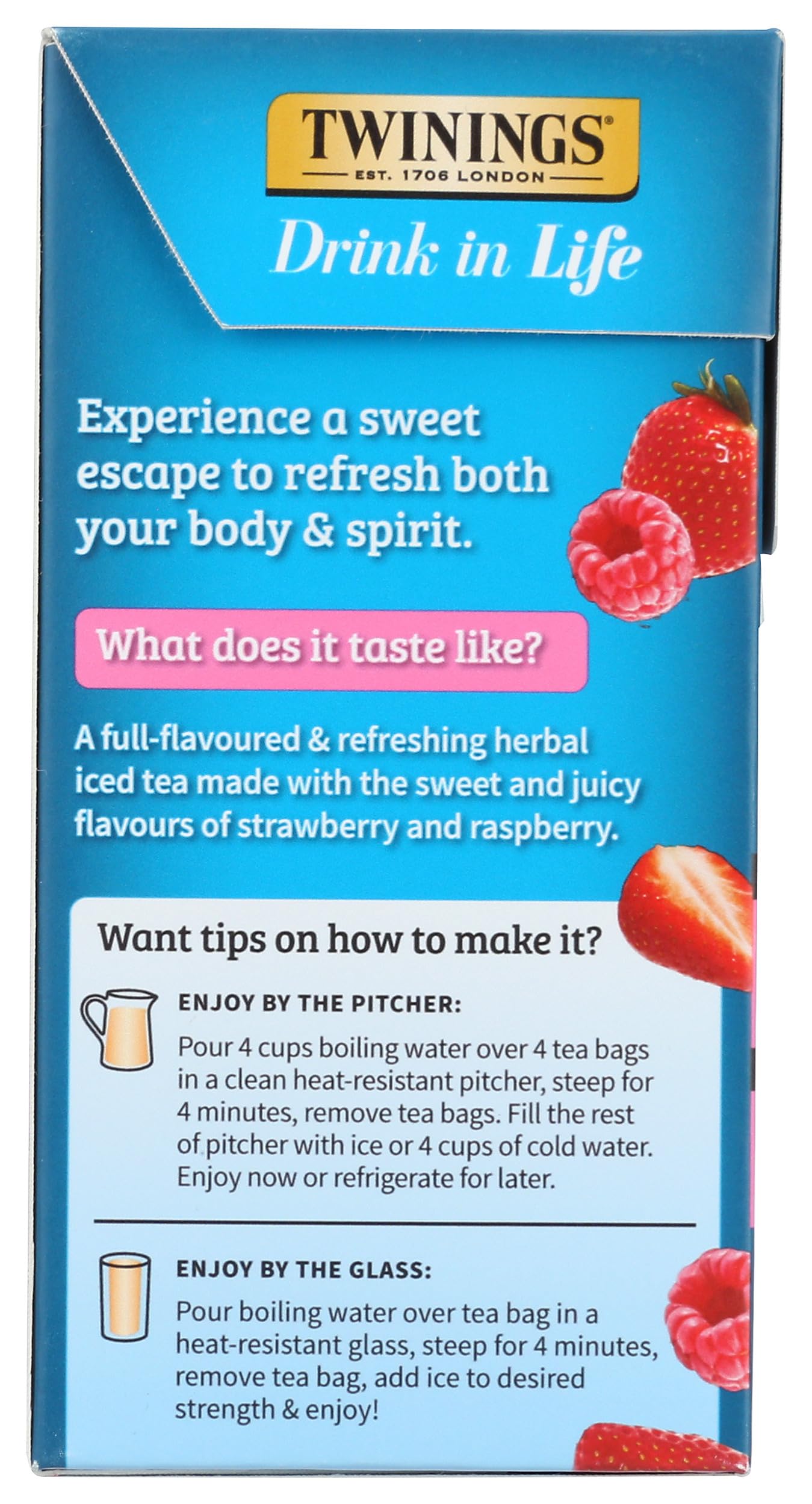 Twinings Strawberry & Raspberry Herbal Iced Tea Bags - 72 Count | Caffeine-Free Fruit Infusion for Summer Refreshment, Picnics & Relaxation