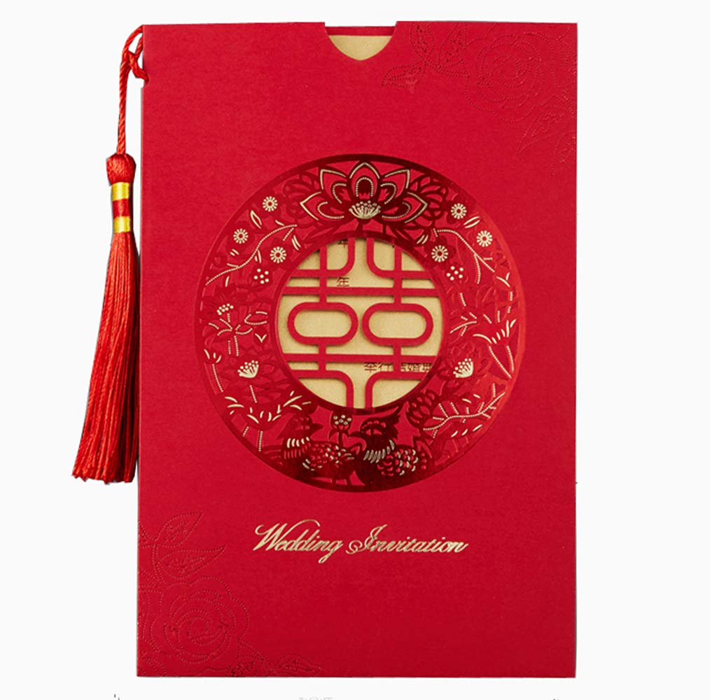 100Pcs Chinese Red Double Happiness Tassel Wedding Invitation Cards with Envelopes - Elegant Engagement & Marriage Invites for Traditional Asian Ceremonies