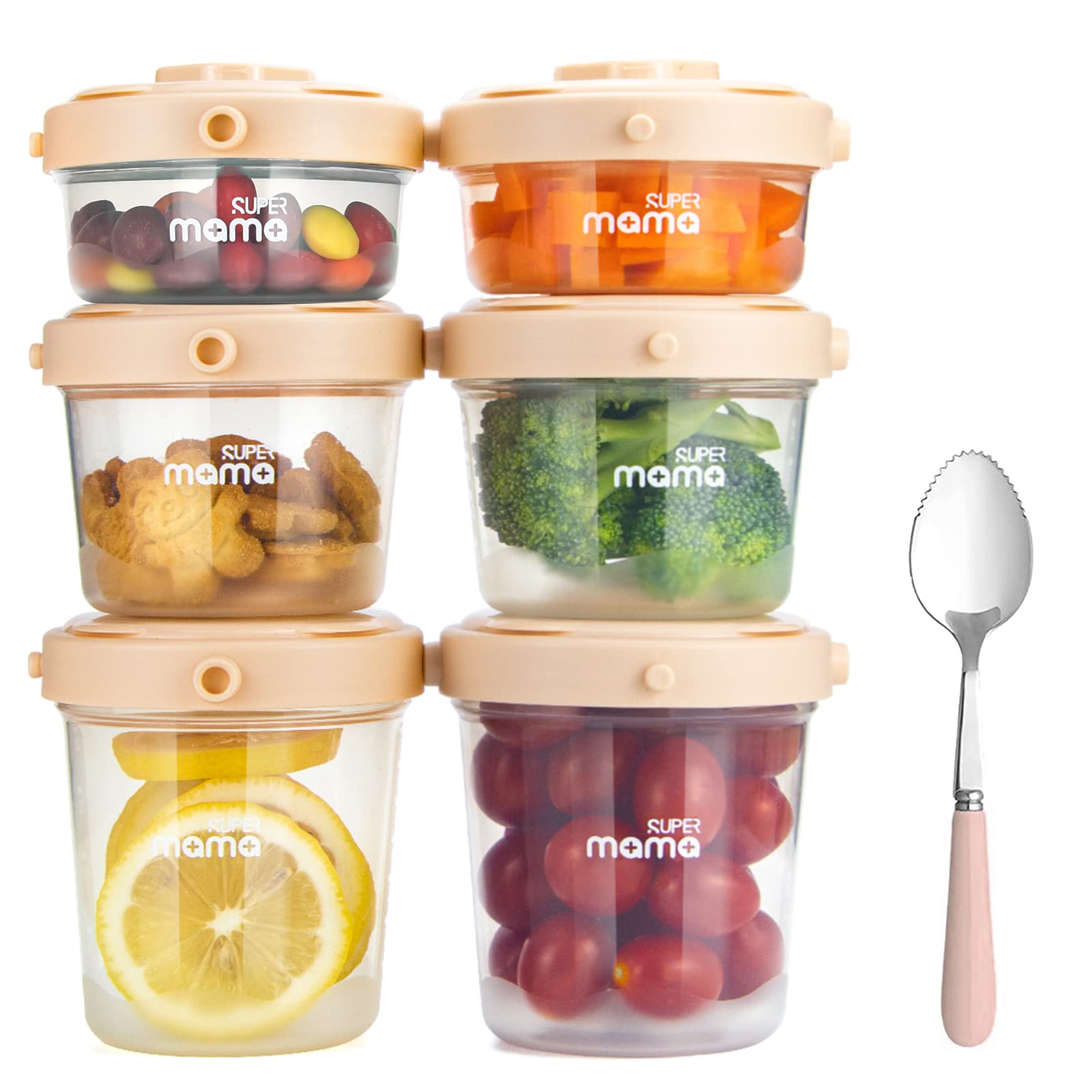 SUPERMAMA 6-Piece Baby Food Storage Containers Set (2oz/4oz/7oz) - BPA-Free Freezer & Microwave Safe Jars with Lids - Perfect for Homemade Baby Food, Meal Prep, Snacks & Dips - Dishwasher Safe & Stackable - Pink