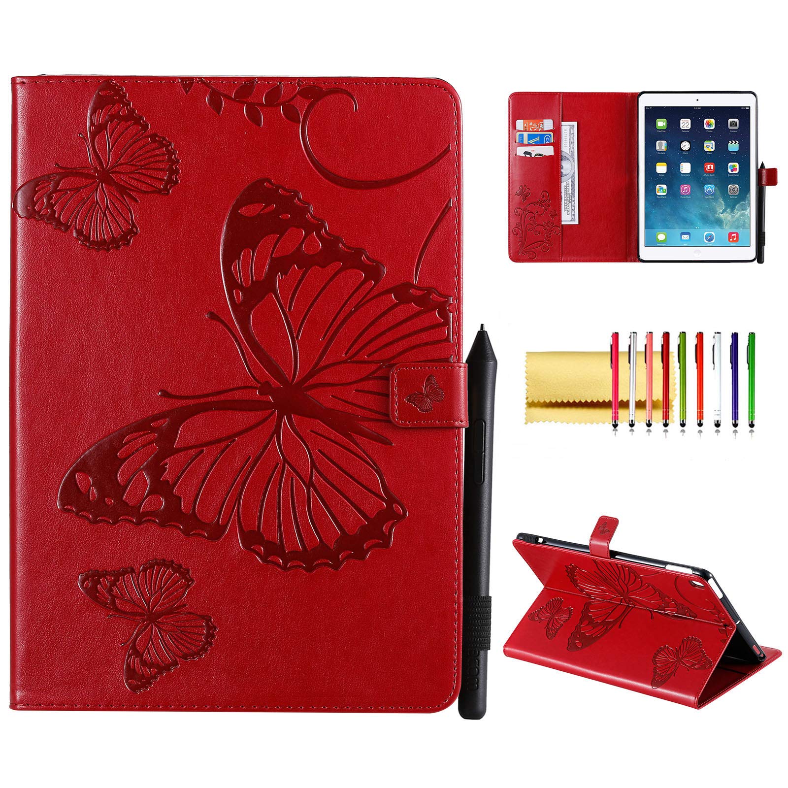 Premium Magnetic Leather Case for iPad 10.2 (9th/8th/7th Gen) & iPad Air 10.5 - Techcircle Butterfly Embossed Folio Cover with Auto Sleep/Wake | Wallet Stand & Protective Case (Red) - Perfect for Work, Travel & Daily Use