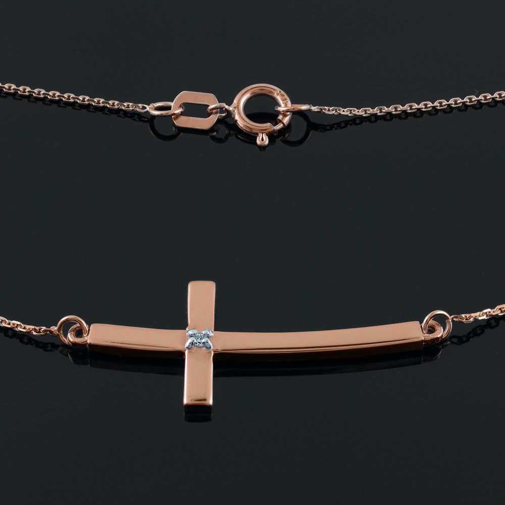 14K Rose Gold Sideways Curved Diamond Cross Pendant Necklace for Women - Elegant Religious Jewelry Gift for Baptism, Confirmation & Everyday Wear