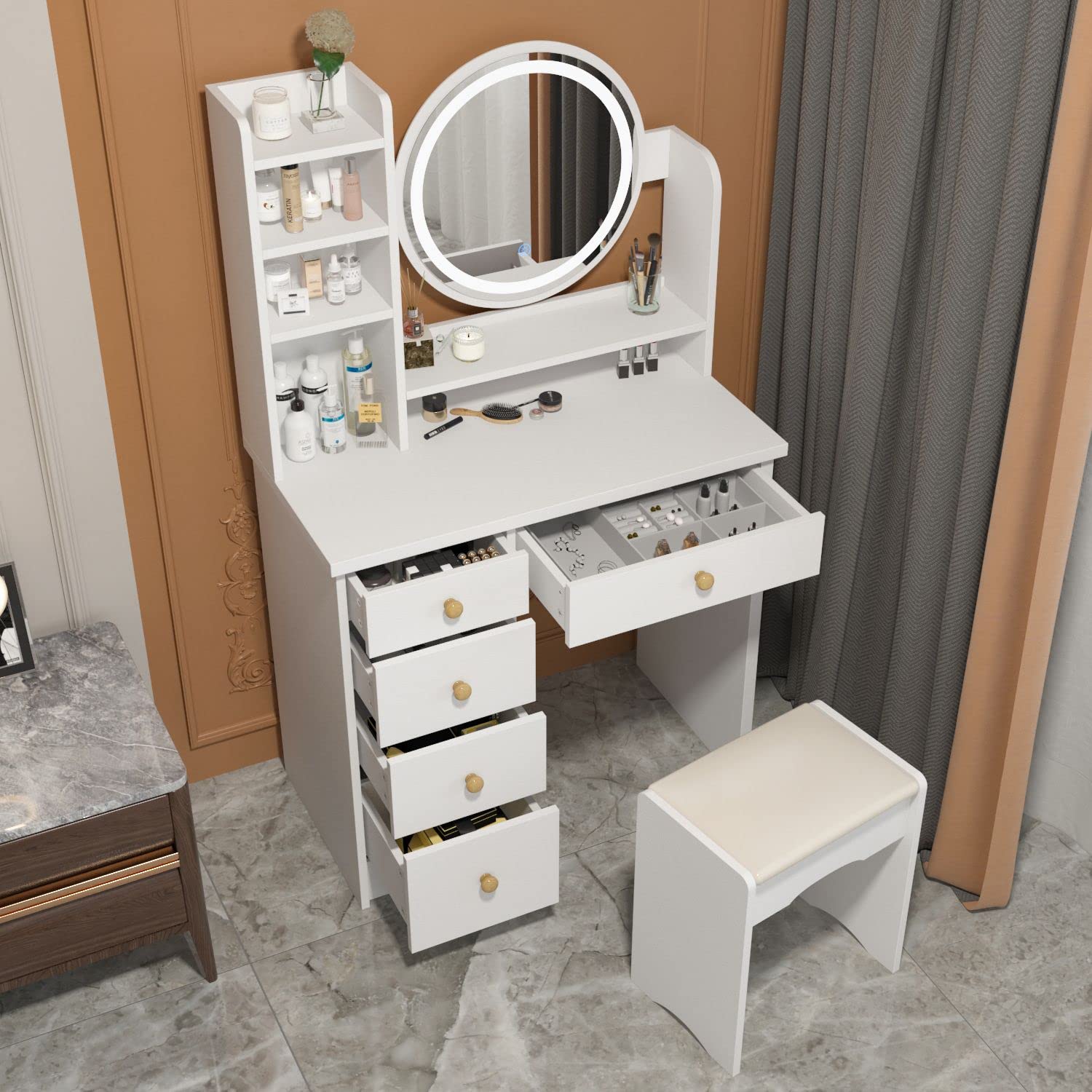 FAMAPY White Vanity Desk with LED Lights, Large Mirror & Storage Drawers - Makeup Dressing Table with Stool, Shelves for Bedroom, 31.5
