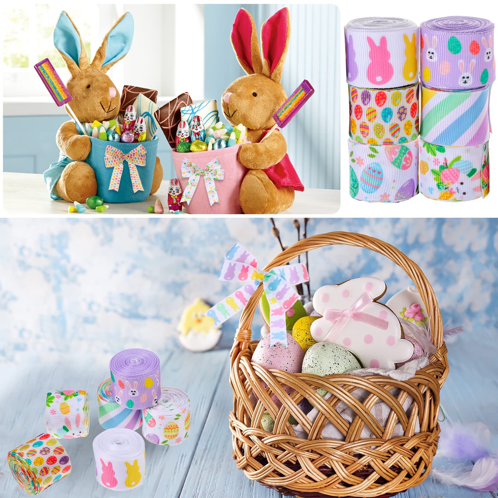 6 Rolls 12 Yards Easter Grosgrain Ribbon - Egg Bunny Floral Pattern for Spring Gift Wrapping, DIY Crafts, Hair Bows, Wreaths & Home Decor - Perfect for Easter Party Favors, Bouquets and Seasonal Decorations