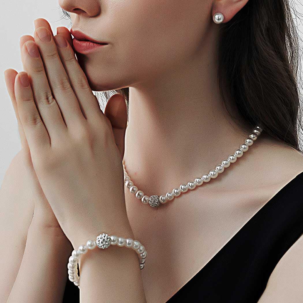 Elegant Bridal Pearl Necklace Set - Silver Crystal Rhinestone Jewelry for Women | Wedding, Prom, Party & Special Occasion Accessories