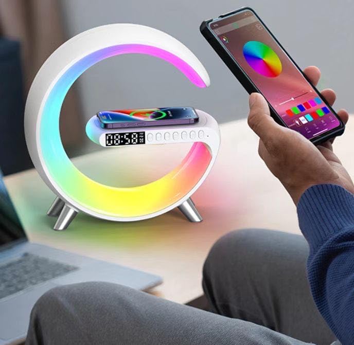 Wireless Charging LED Table Lamp with Bluetooth Speaker, Alarm Clock & Night Light - Smart Multifunctional Bedside Lamp for Bedroom, Home Decor (White) - Perfect for Relaxing, Reading & Charging Devices