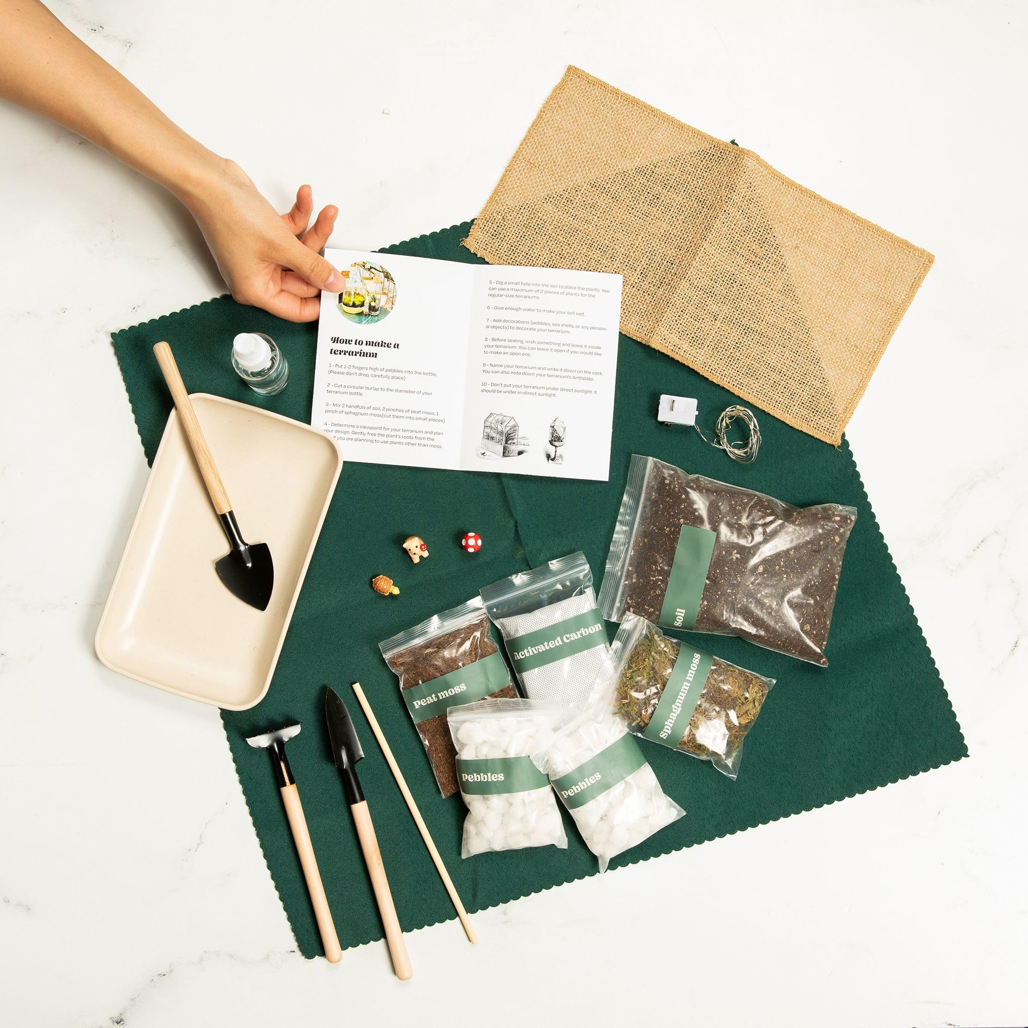 Complete DIY Terrarium Kit with 13 Items - Soil, Pebbles, Sphagnum Moss, Activated Carbon & Tools for Indoor Gardening | Create Your Own Mini Ecosystem for Home Decor, Office Desk or Gift