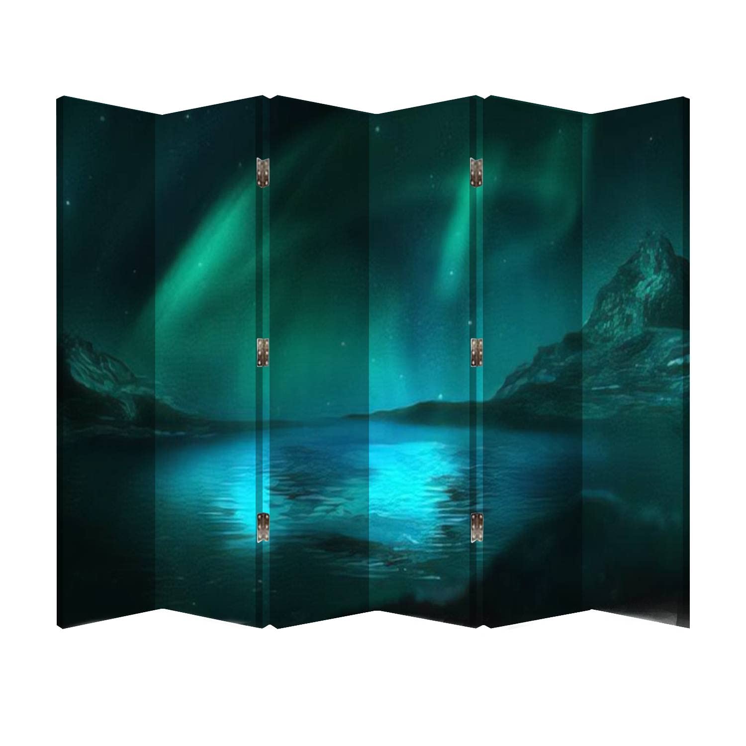 6 Panel Wooden Folding Room Divider Screen - Northern Lights & Neon Sunset Canvas Privacy Partition for Office, Bedroom & Living Room | Decorative Space Separator for Home & Workspace