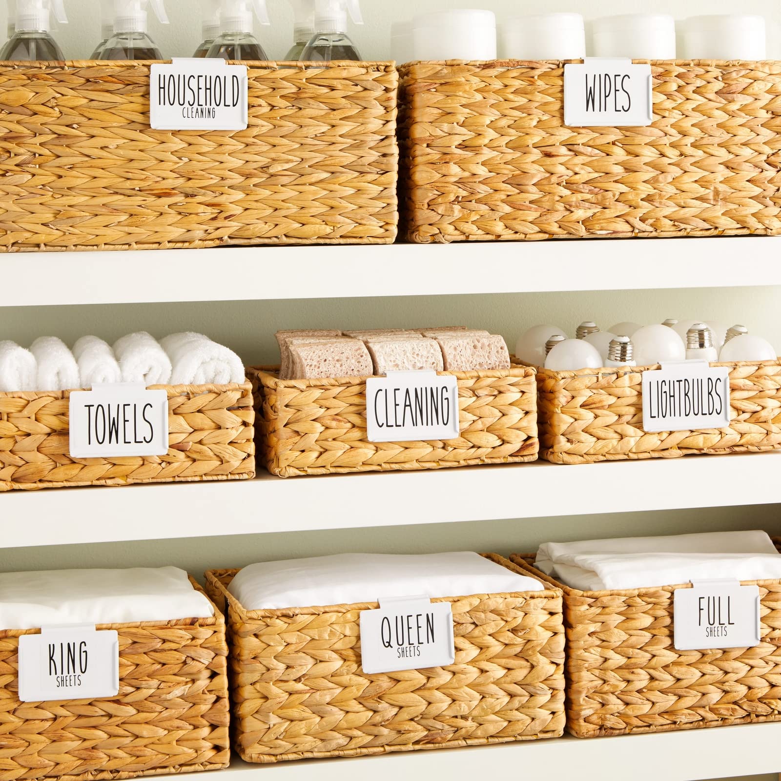 **8 Pack Metal Basket Label Clips with 70 Household Labels - Organize Storage Bins, Bathroom & Linen Closet - White - Perfect for Home, Office & Pantry Organization**