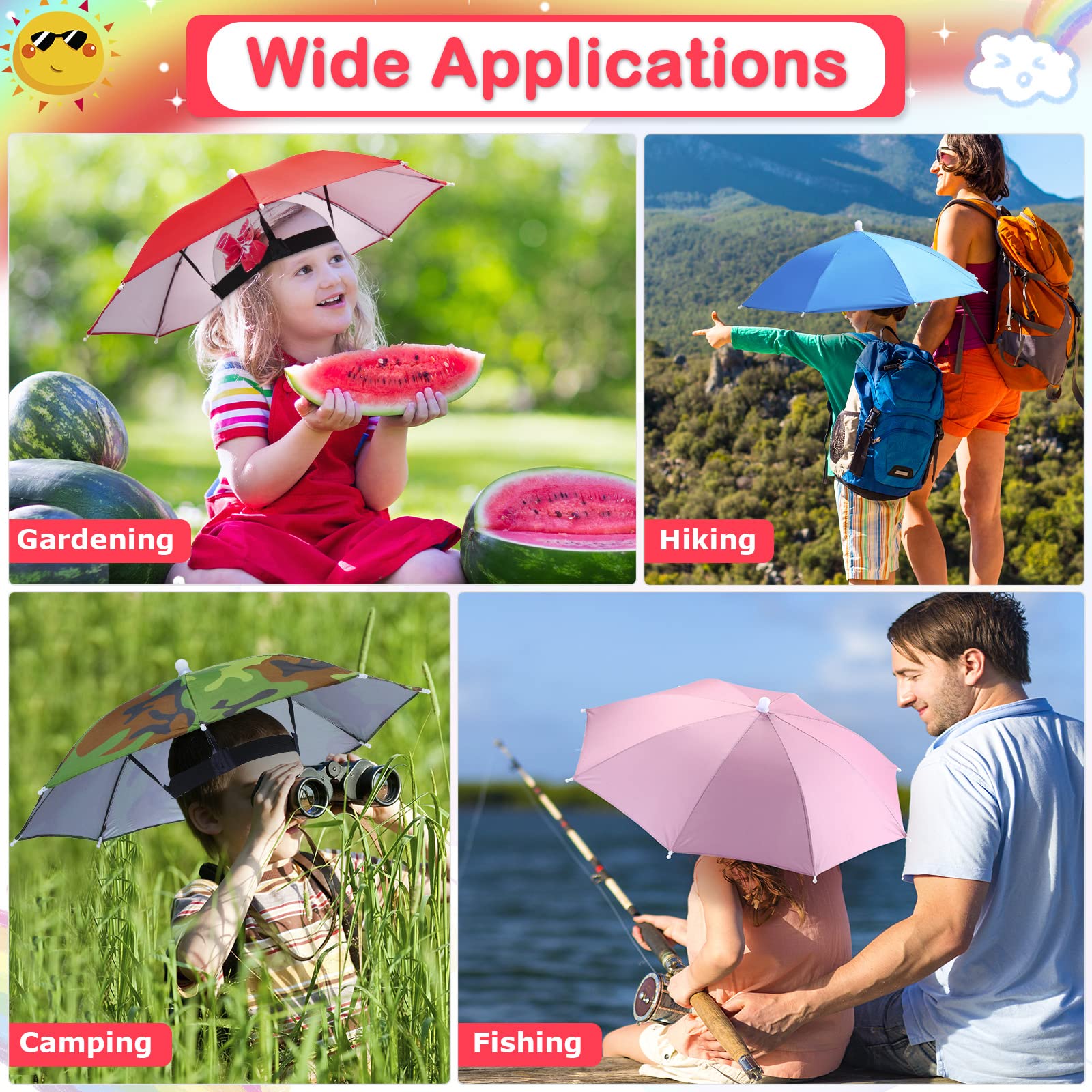 Reginary 20 Pack Hands-Free Umbrella Hats with Elastic Band - Adjustable 20 Inch Rain & Sun Protection for Adults, Kids, Women & Men - Perfect for Beach, Fishing, Outdoor Parties & Festivals