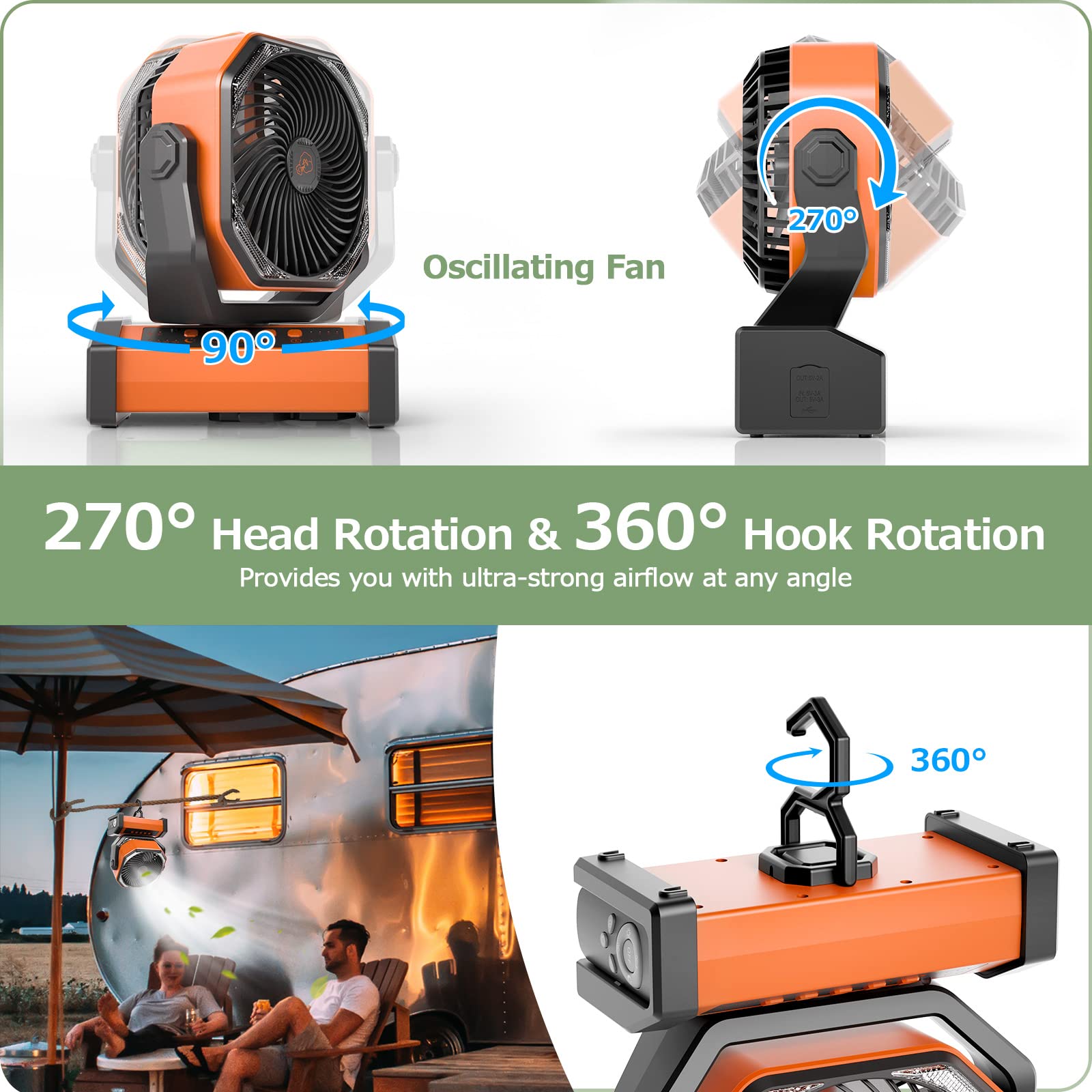 20000mAh Rechargeable Camping Fan with LED Light - Portable Auto-Oscillating Desk Fan with Remote Control & Hook - 4 Speed USB Tent Fan for Outdoor, Travel, Jobsite, Home & Emergency Use