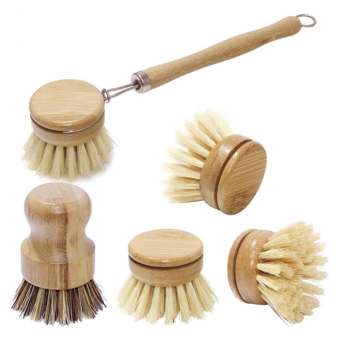 Eco-Friendly Bamboo Dish Brush Set of 5 - Long Handle Kitchen Cleaning Brush for Pots, Pans & Bowls - Natural Dishwashing Brush for Sustainable Home Cleaning - Perfect for Daily Kitchen Use & Eco-Conscious Households
