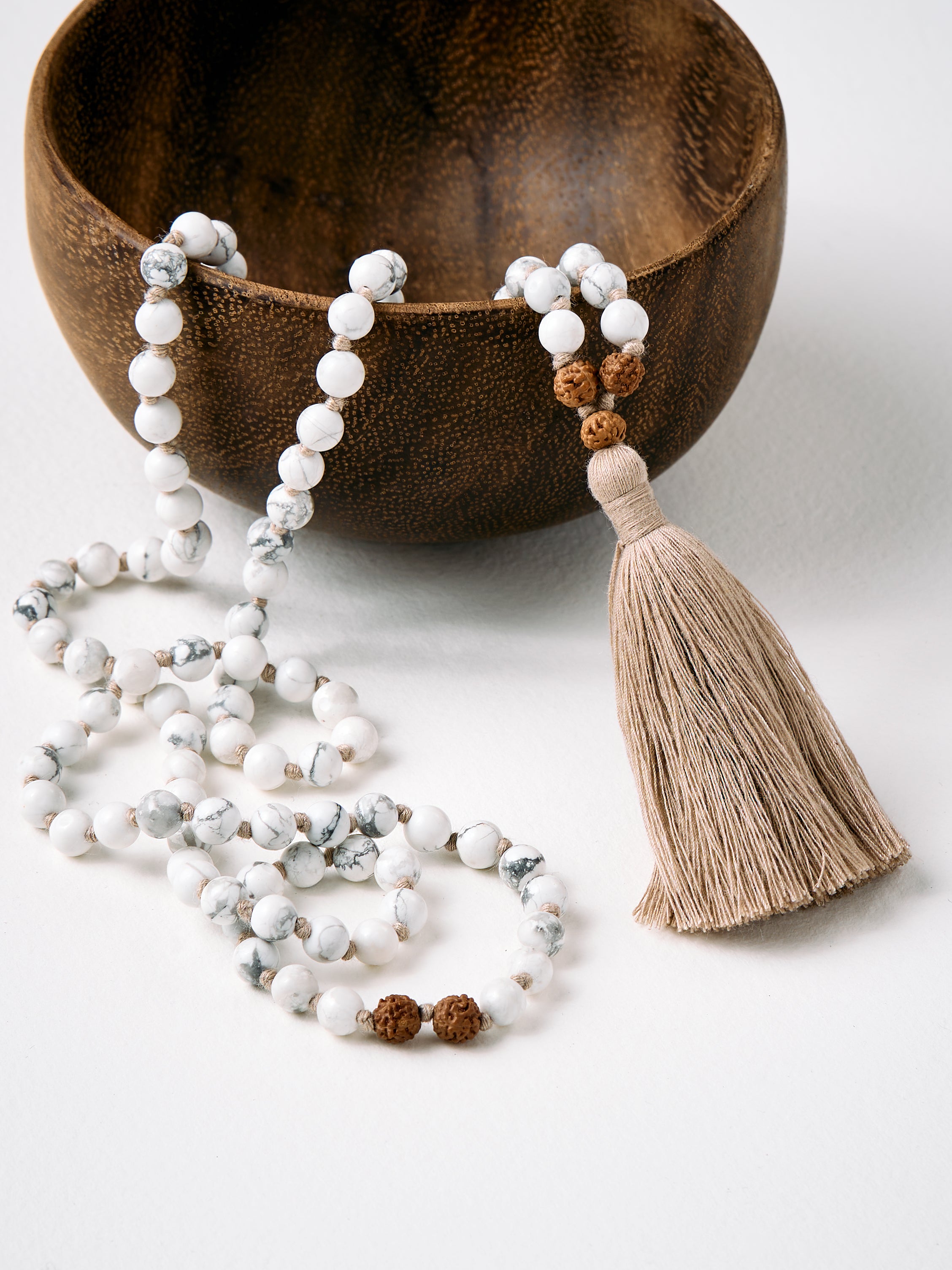 White Howlite Mala Bead Necklace - Buddhist Meditation & Yoga Prayer Beads for Mindfulness & Spiritual Healing