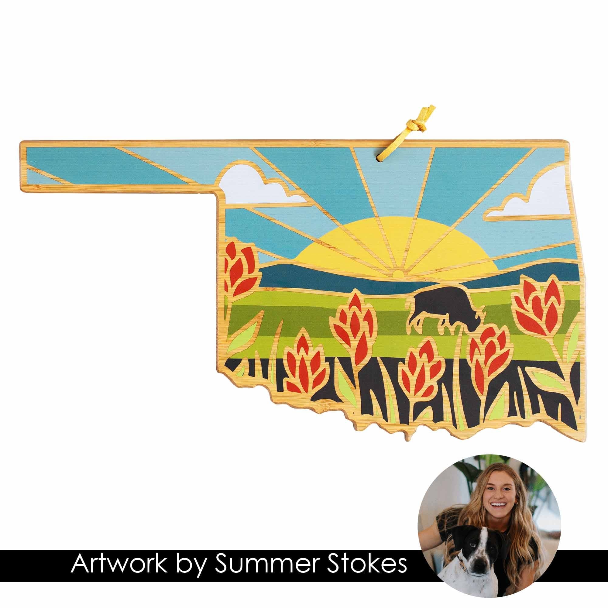 Handmade Oklahoma State Shaped Wooden Cutting Board with Summer Stokes Artwork - Perfect for Kitchen Decor, Housewarming Gifts & Cheese Serving
