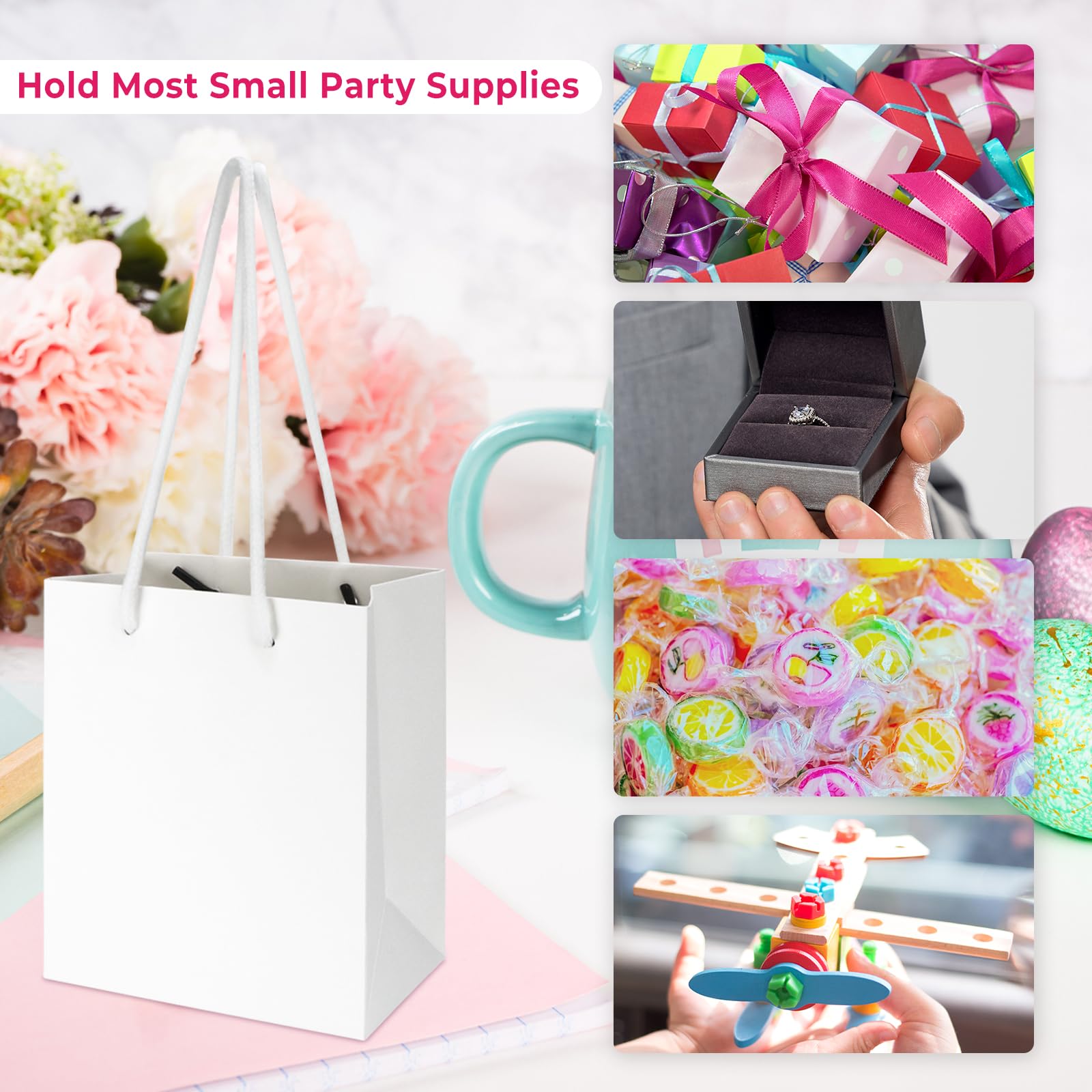 Rcybeo 50 Pack 4x2.4x4.6 Inches Mini Gift Bags with Handles - Small Party Favor Bags for Birthday, Wedding, Baby Shower, Graduation, Holidays - Premium White Gift Wrap Paper Bags for Celebrations & Special Occasions