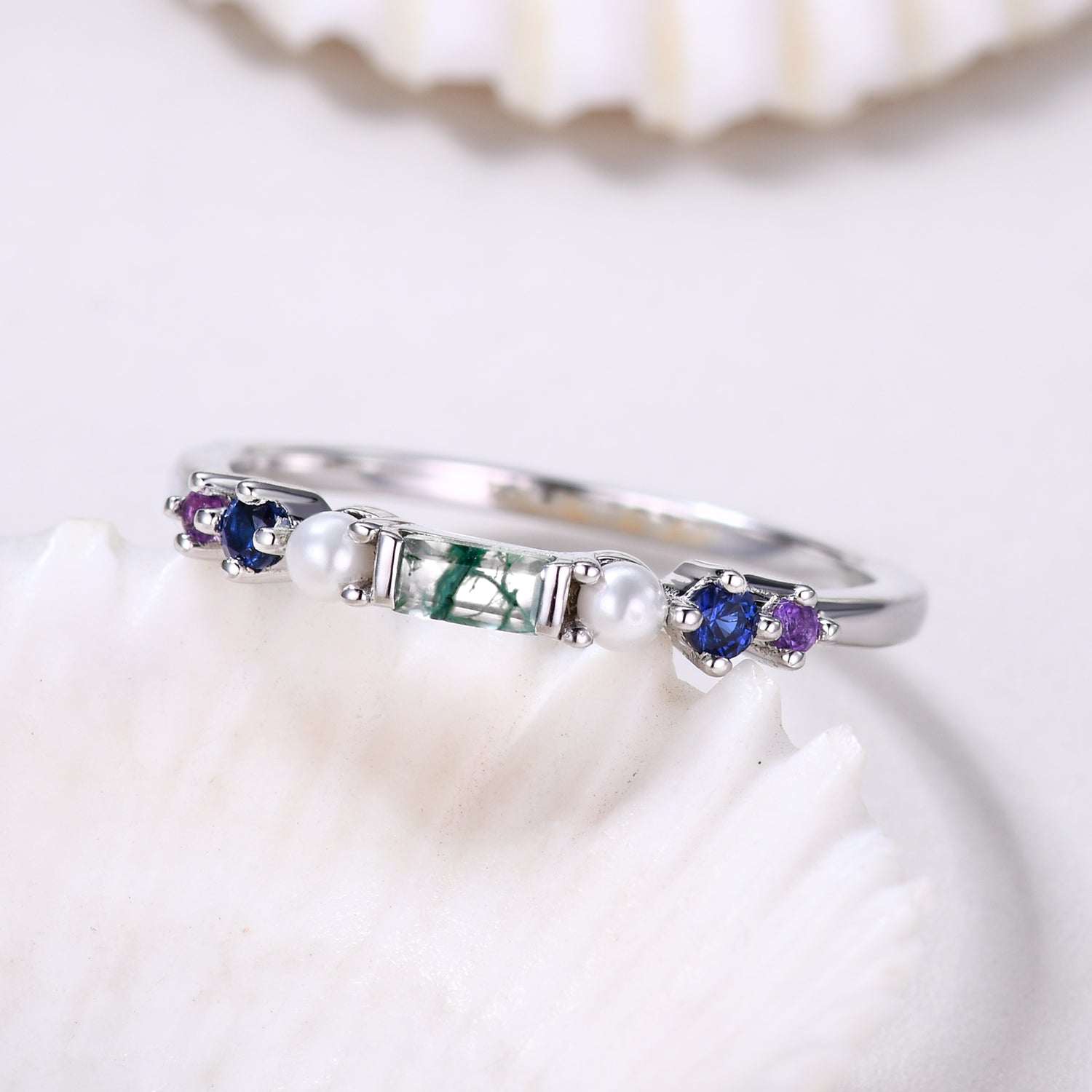Rainbow Gemstone Family Ring - Green Moss Agate & Pearl Multi-Color Birthstone Band for Women | Perfect for Mother's Day, Anniversary Gifts & Special Occasions
