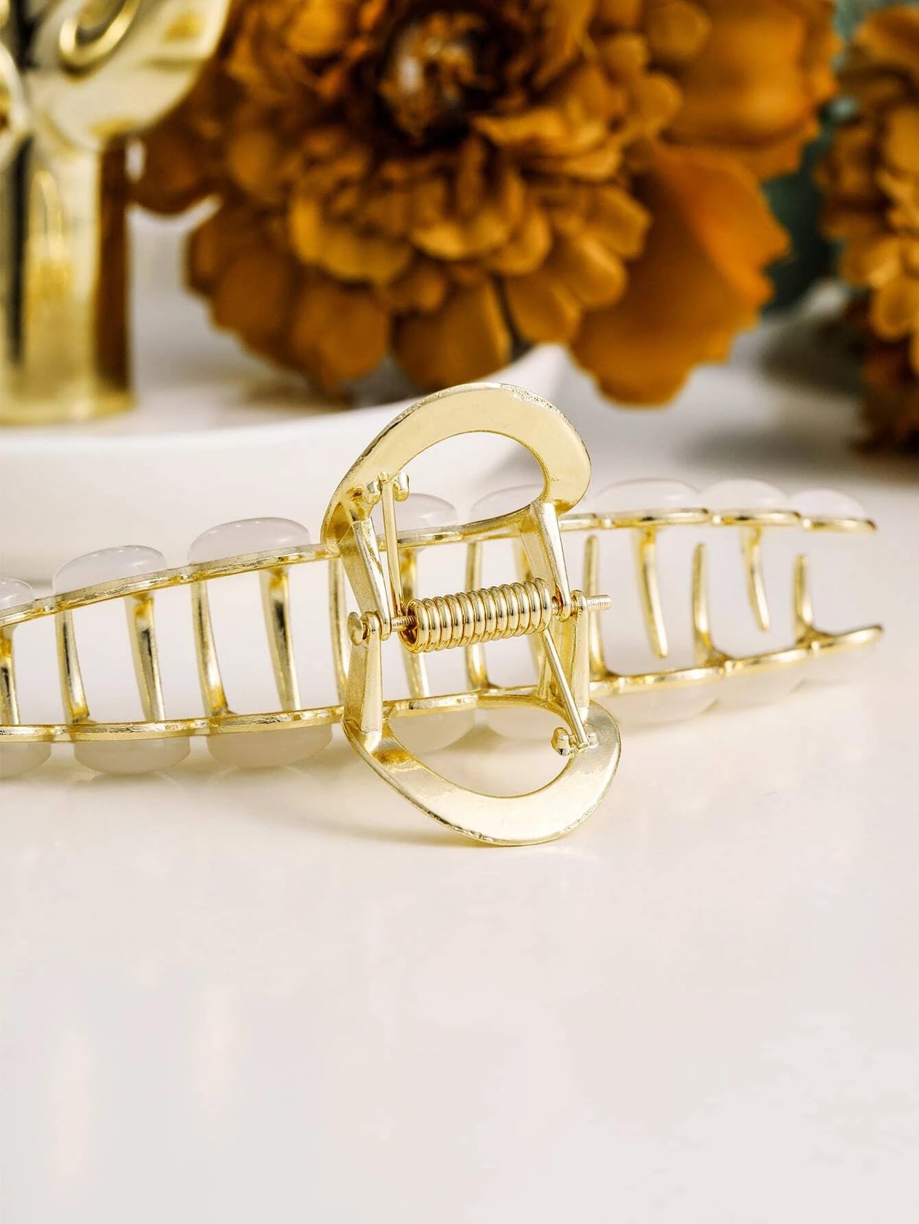 ANNA CREATIONS Golden Large Metal Pearl Hair Claw Clip - Elegant Hair Accessories for Women & Girls - Perfect for Weddings, Parties & Everyday Styling
