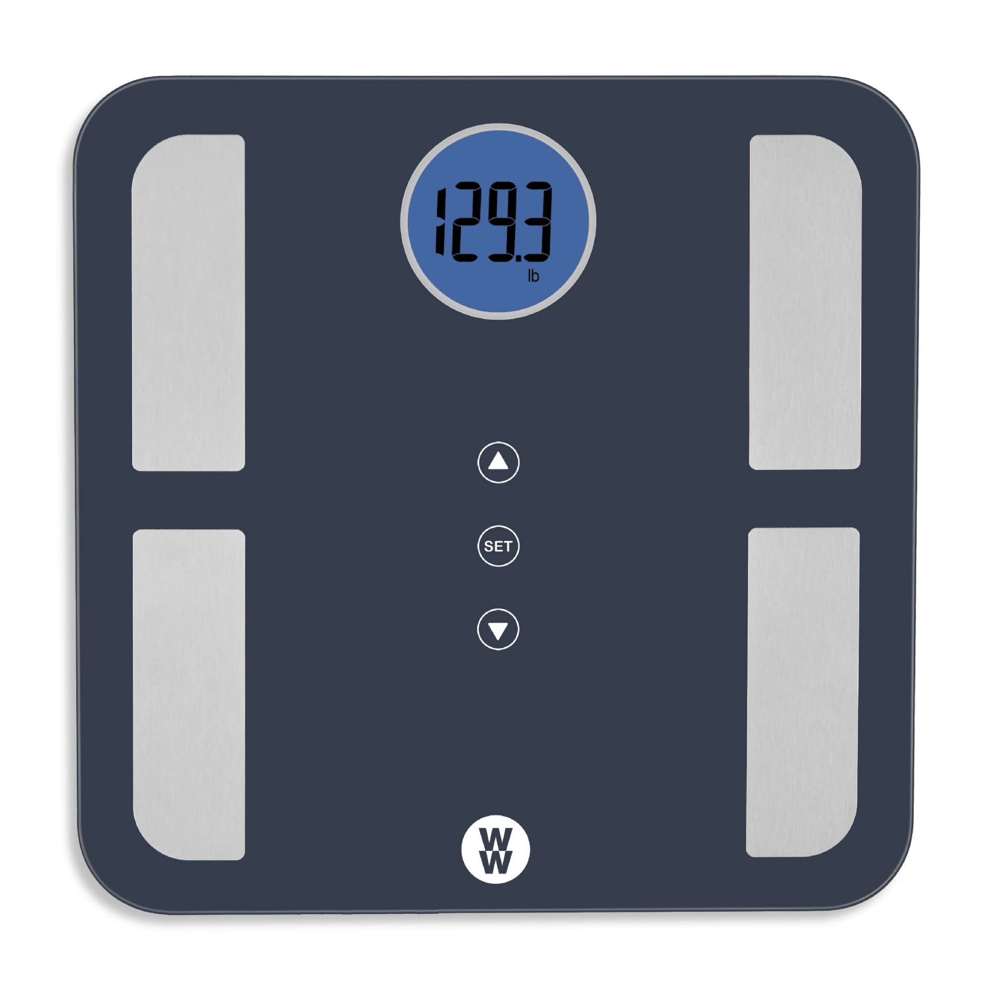 Conair Weight Watchers Digital Bathroom Scale - Glass Body Fat Analyzer with BMI, Muscle Mass, Bone & Water Measurement - Tracks Up to 4 Users (400 lbs Capacity) - Perfect for Home Gym, Health Tracking & Weight Management (Black/Blue)