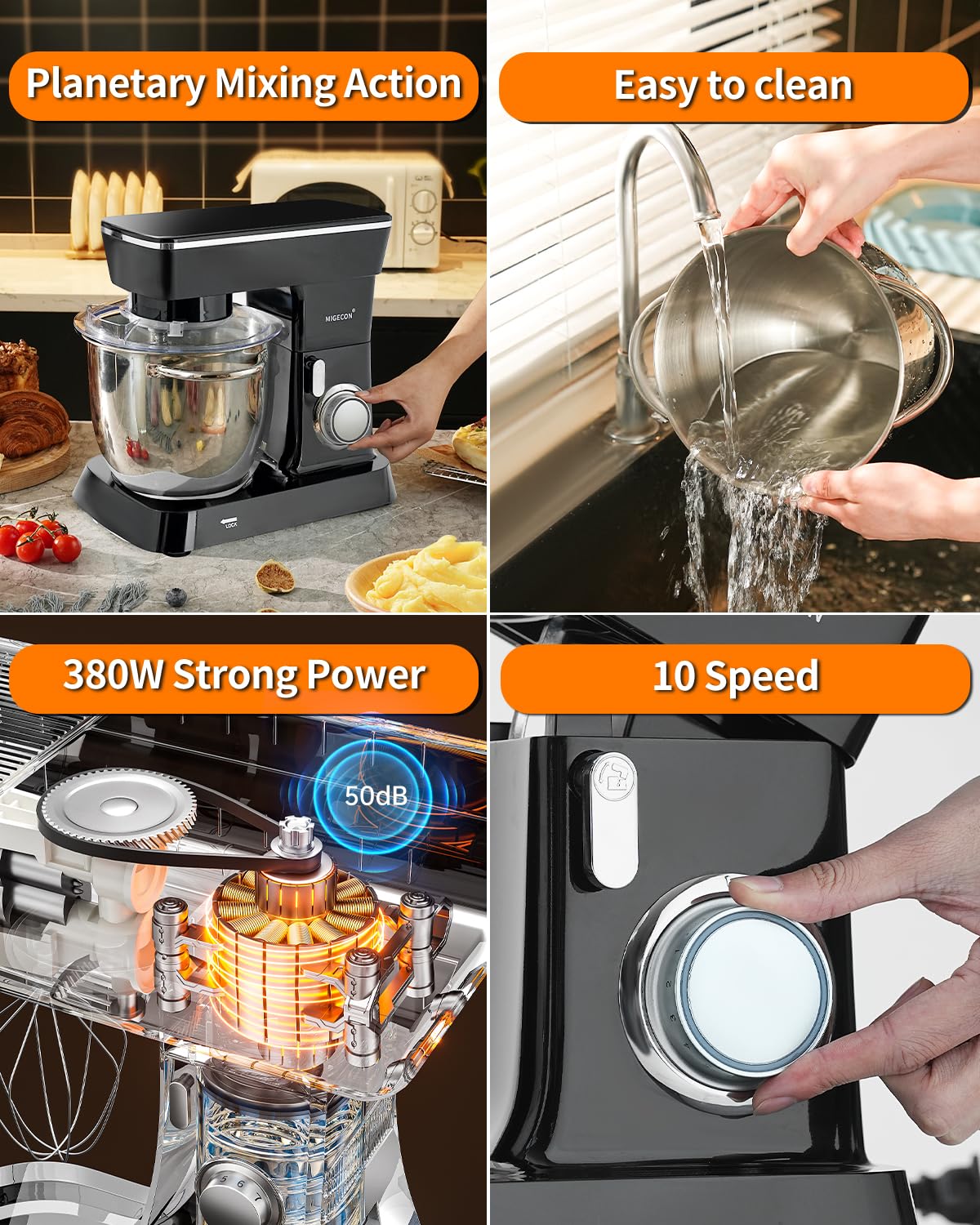 MIGECON 5.26 QT Stand Mixer - Stainless Steel Bowl, 10 Speed Settings with Whisk, Dough Hook & Flat Beater Attachments - Lightweight Portable Kitchen Mixer for Baking Cakes, Cookies & Bread Dough - Perfect for Home Bakers & Small Bakeries (Black)