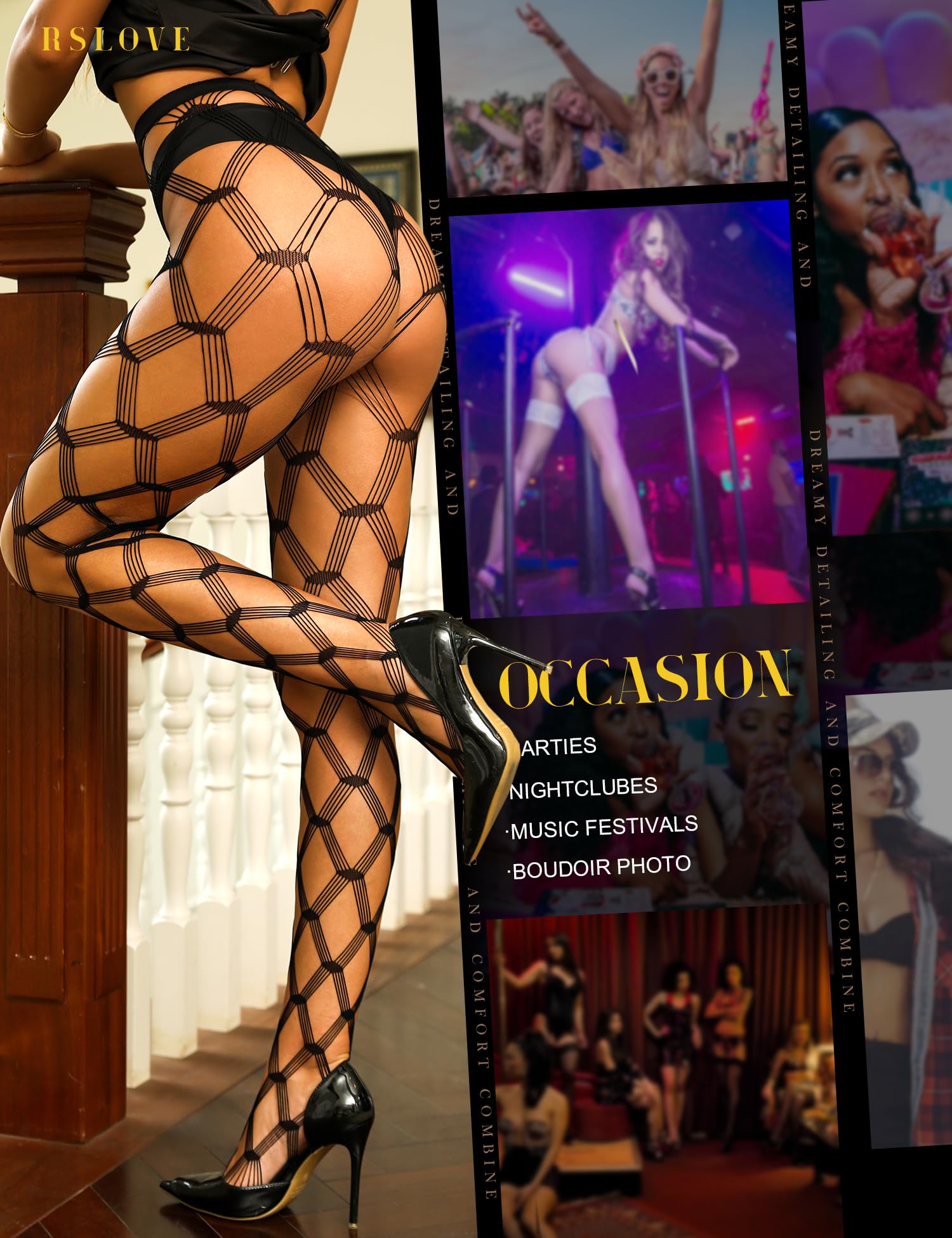 RSLOVE Women's Sexy Fishnet Tights - Lingerie Stockings with Suspender Belt for Boudoir, Cosplay & Night Out