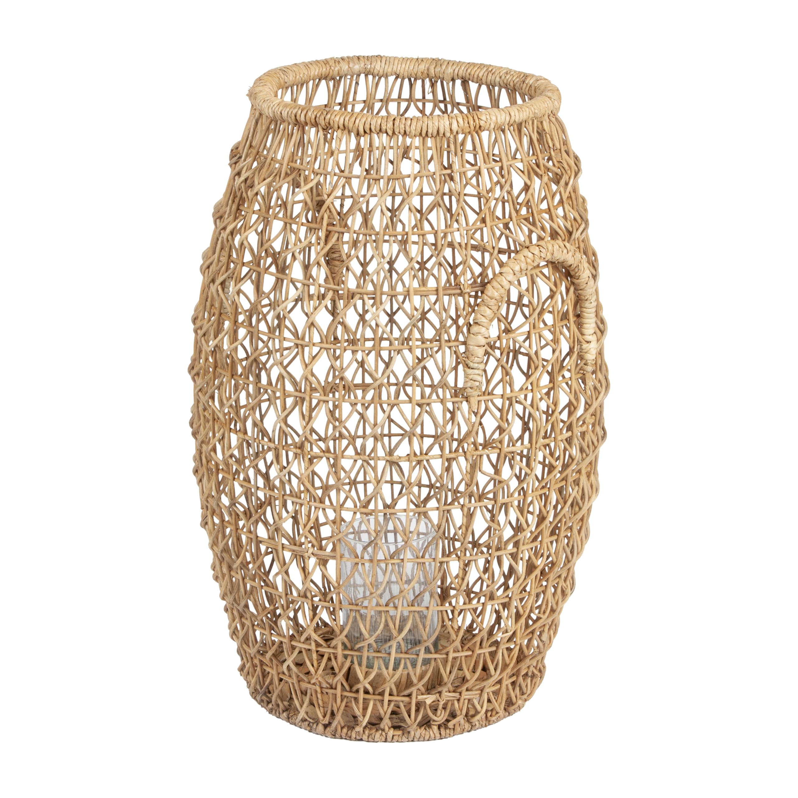 Bloomingville Natural Brown Rattan & Water Hyacinth Lantern with Glass Insert - Perfect for Patio, Garden, and Boho Home Decor